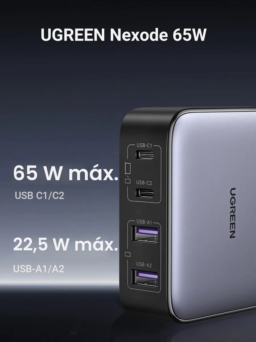 UGREEN Nexode 65 W 4 puertos cargador USB C rápido de escritorio con GaN II Tech compatible con iPhone 16 Plus Pro Max 15 14 13 12 MacBook Pro Air iPad Galaxy S24 Ultra Plus, 2 M cable de alimentación