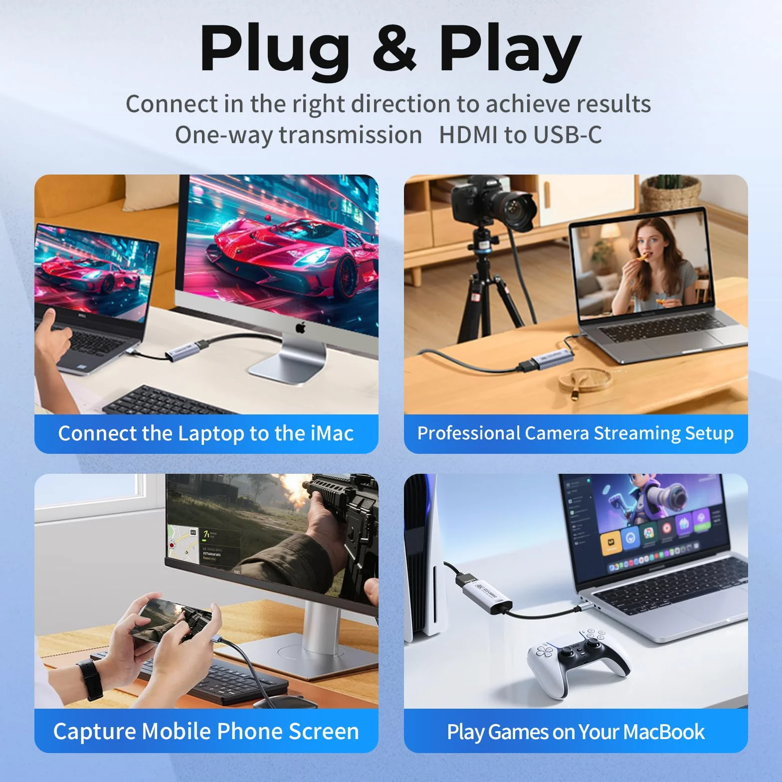 Guermok Tarjeta de Captura HDMI 4K@60FPS, 1080P@240FPS USB 3.0 HDMI a USB A/C para Streaming, Compatible con Pad, Switch 2/1, PS, Quest 3, Mac OS, Windows, Zoom, OBS, Cámara