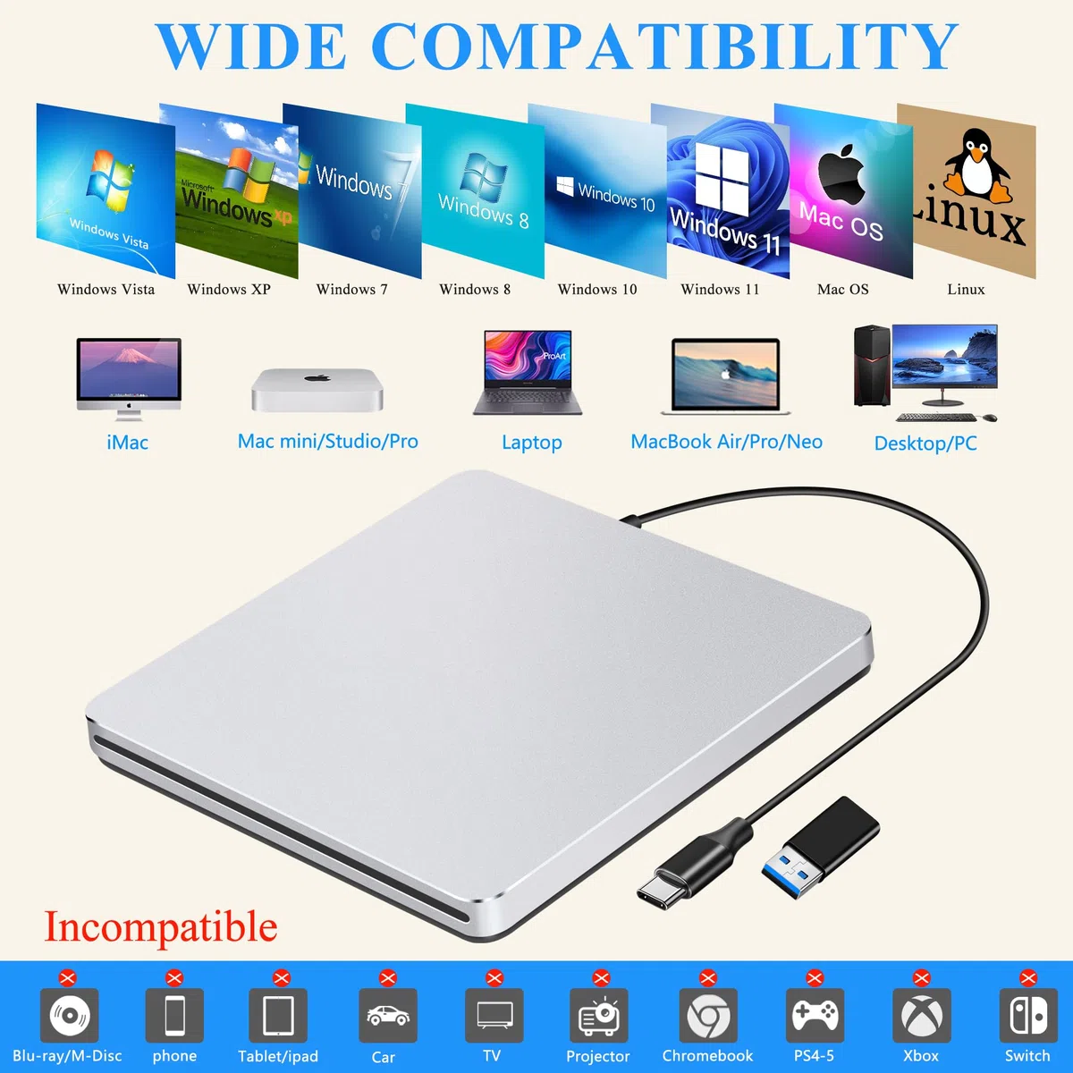 Unidad externa de CD y DVD para laptop: lector portátil USB C de CD/DVD para Mac PC Windows 11 con adaptador USB 3.0 de aleación de aluminio, ranura SuperDrive para Apple