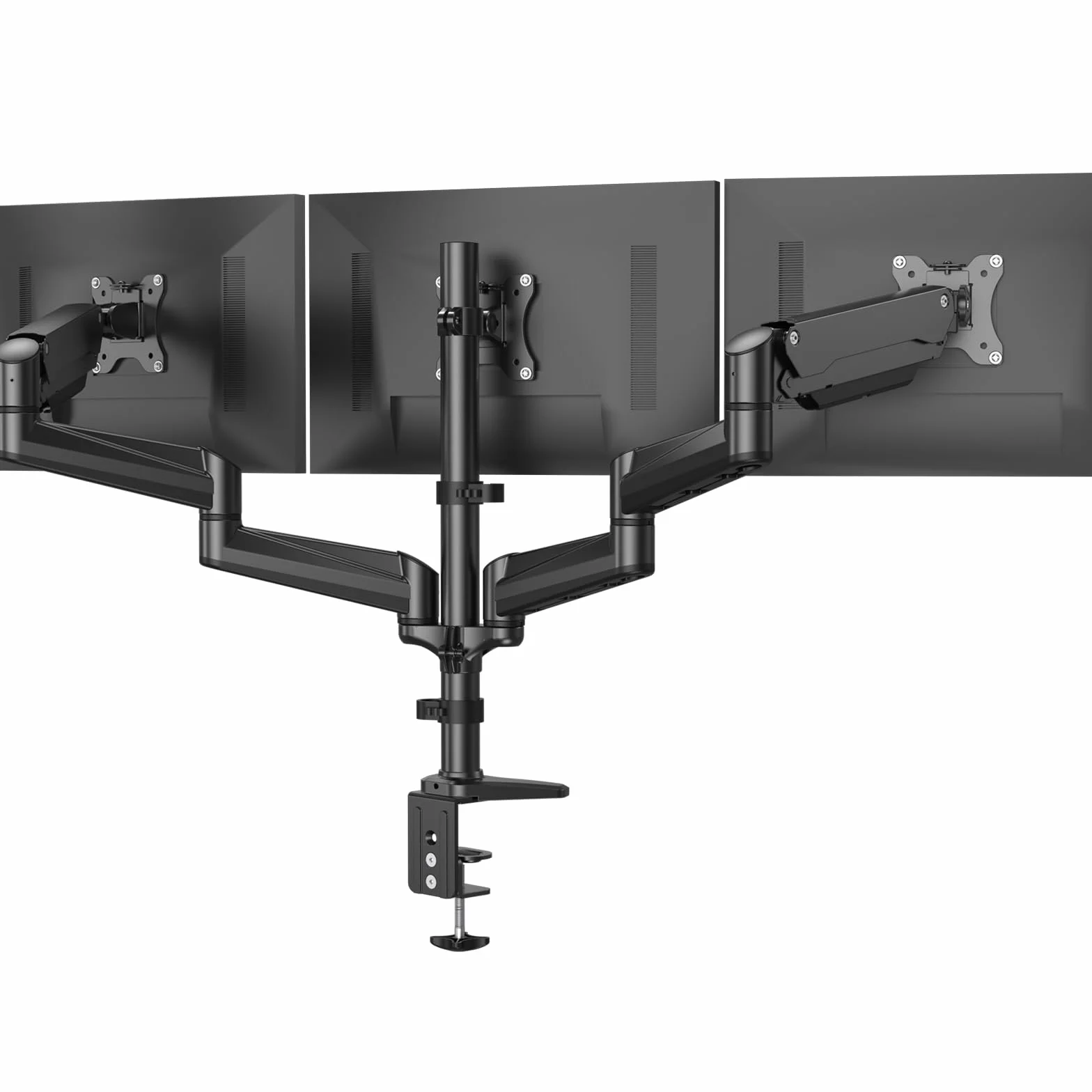 HUANUO Soporte Triple Monitor para 3 Pantallas de 17-32 Pulgadas, Brazo Triple Monitor Ajustable con Capacidad de Peso 8kg, Soporte para 3 Monitores con 2 Opciones de Montaje, VESA 75x75 100x100