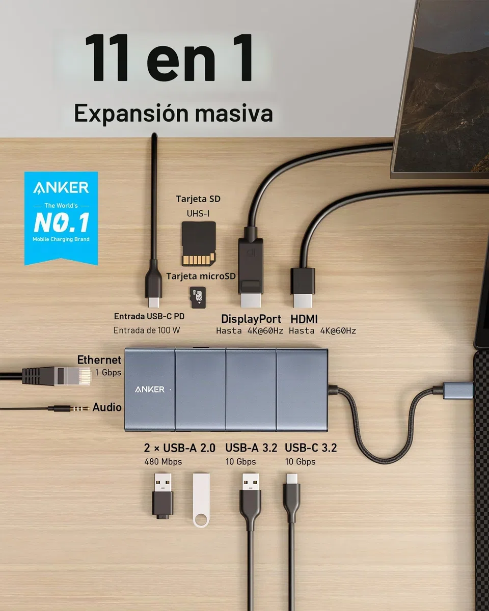 Anker 565Hub USBC11en 1,Docking station,puertos de USB-C y USB-A de10 Gbps,HDMI 4Ky DisplayPort, suministro de energía de100W,2 puertos de datos USB 2.0,Ethernet,AUX,microSD y ranuras para tarjetas SD