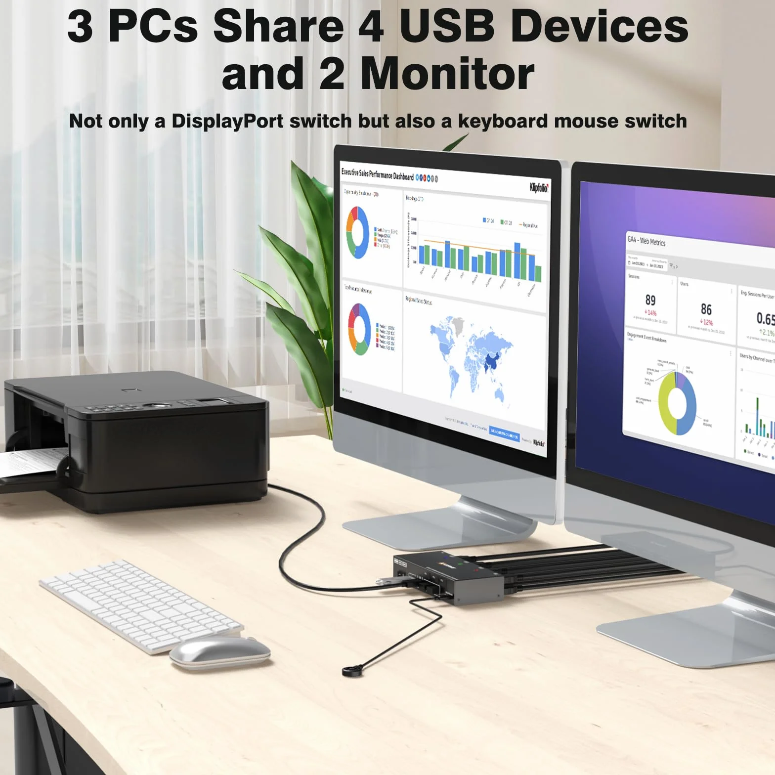 Switch KVM 3 PC 2 Monitores 4K@60Hz Emulador EDID,Conmutador KVM HDMI 2K@120Hz para 3 PC, 2 Monitores y 4 Dispositivos USB3.0, Soporta Modo Extendido y Copia,con Cable USB+Control de Escritorio