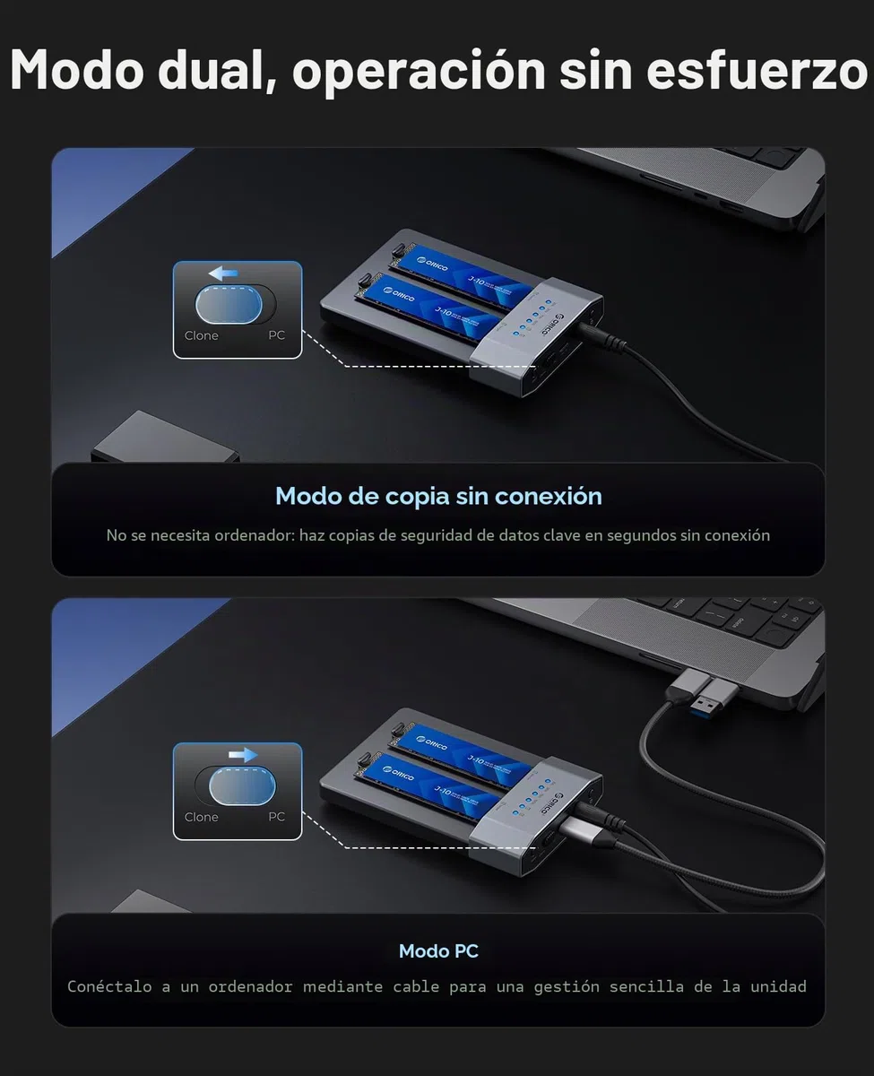 ORICO Carcasa para SSD M.2 NVMe de 20 Gbps, Estación de Acoplamiento M.2 NVMe de Dos Bahías, Base de Acoplamiento NVMe para SSD PCIe NVMe con Conector M, Compatible con Clonación sin Conexión y UASP