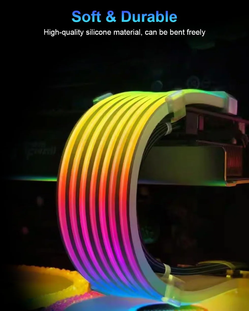 ARGB PSU Cable Cover Kit, Aurora RGB Power Extension Cable Cover Kit for Motherboard and GPU PC Cable, 5V 3-Pin ARGB Motherboard ATX/MATX/ITX, Suitable for 12+4-Pin/8-Pin/24-Pin Aurora-CO-BL