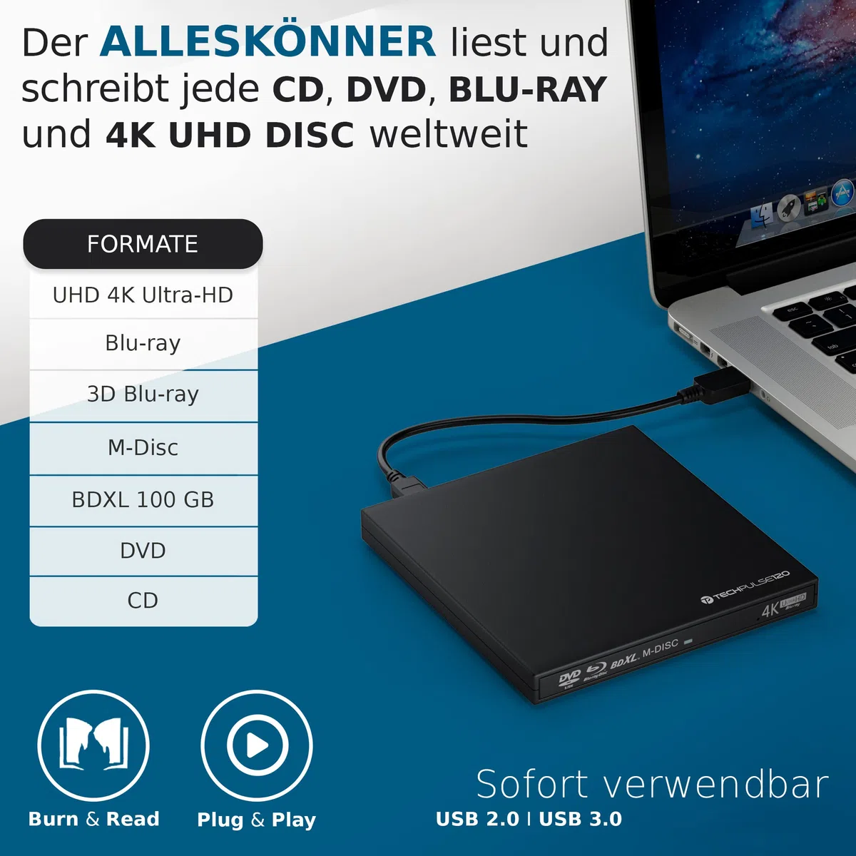 techPulse120 External UHD 4k 3D M-Disc BDXL Reproductor USB 3.0 BLU-Ray Grabadora Quemador Superdrive UltraSlim UltraHD Drive BD DVD CD Ultra para computadora Notebook Ultrabook Windows Mac OS Apple