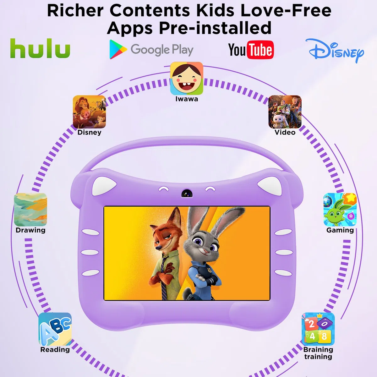 ascrecem Tablet para Niños 7 Pulgadas Android Tablet Infantil con WiFi Doble Cámara Bluetooth Control Parental 2GB RAM 32GB ROM Tableta Educativa 3 a 14 año (Morado)