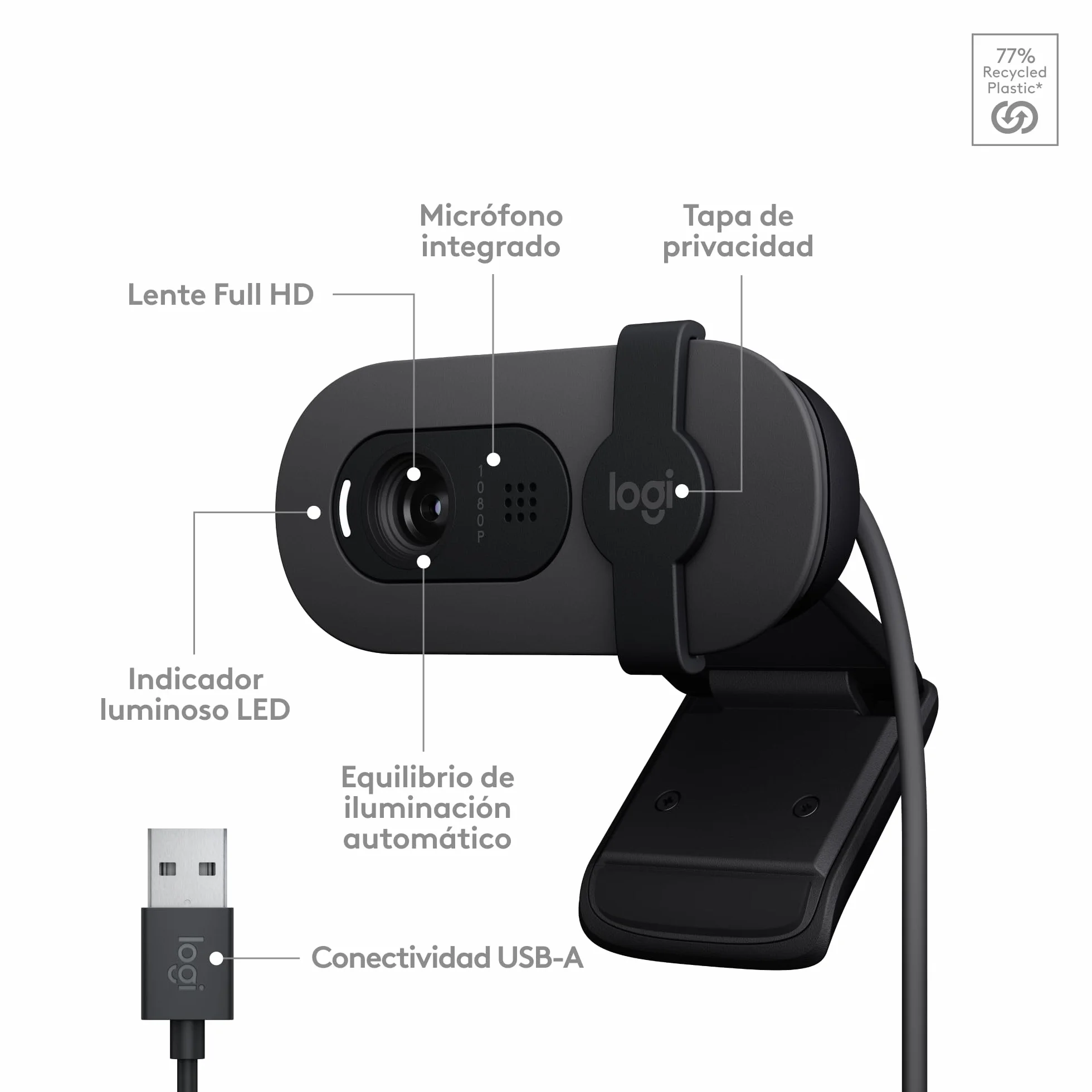 Logitech Brio 100, cámara web Full HD para reuniones y streaming, equilibrio de iluminación automático, micrófono integrado, tapa de privacidad, USB-A, Microsoft Teams, Google Meet, Zoom y más,Grafito