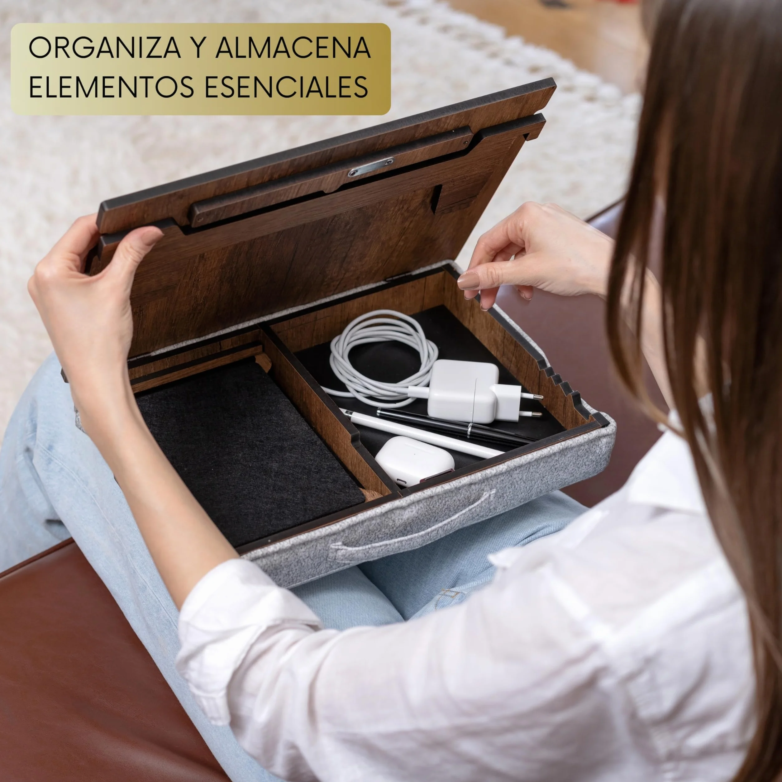 Vigo Wood Bandeja para Portátil - Ergonómica, Ajustable, y Versátil - Trabaja Cómodamente en Casa, Sofá y Cama - Mesa Portátil con Soporte y Cajón para Ratón - Ideal para Oficina en Casa