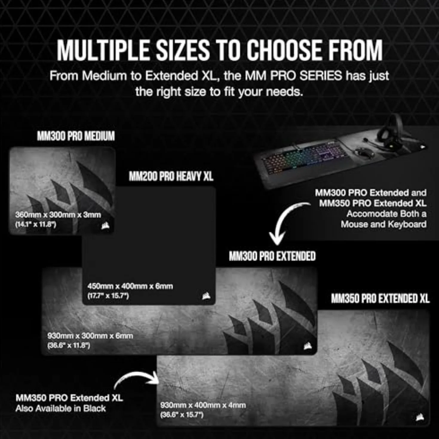 Corsair MM350 PRO Alfombrilla Tela a Prueba de Derrames para Juegos, Superficie 93 cm x 40 cm, Microtejido, Goma Afelpada gruesa 4 mm, Base Goma Texturizada Antideslizante, Negro/Gris, Extendido XL