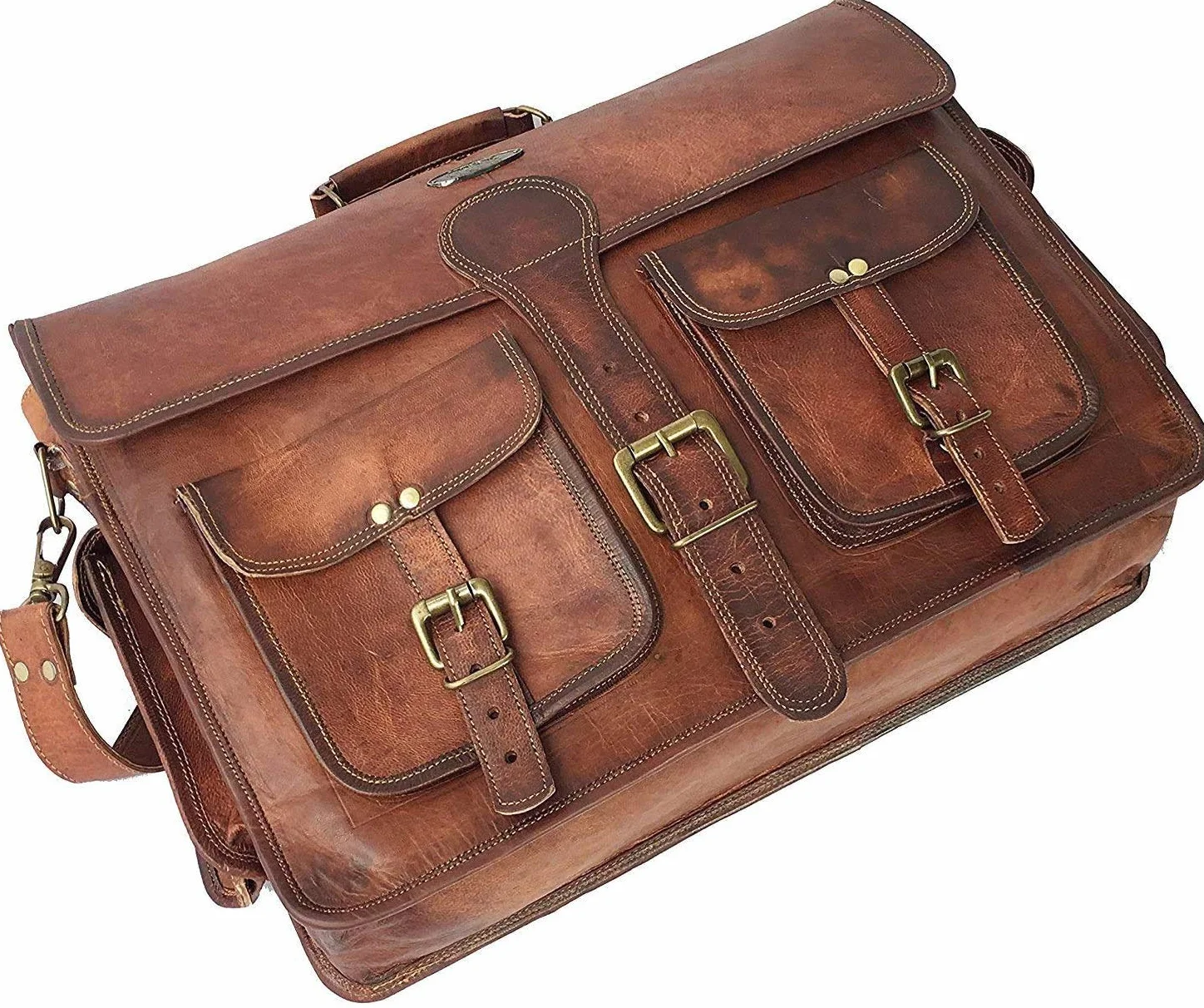 DHK - Maletín de piel vintage hecho a mano de 18 pulgadas para hombre