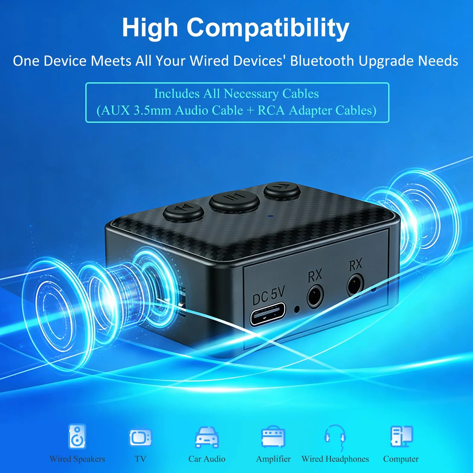 Adaptador Audio Bluetooth 6.0 Transmisor & Receptor 2-en-1,Bluetooth Adapter Receiver Transmitter,para Coche,TV,Altavoces & Cadena de Música con RCA,Cables AUX 3.5mm & RCA,Reproducción USB