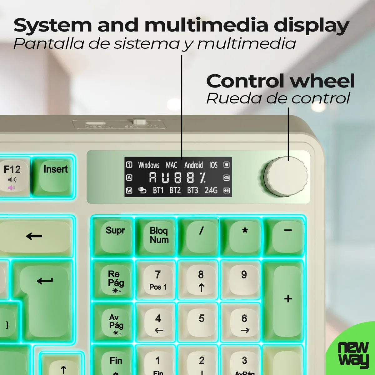 NEWWAY NK251 – Teclado inalámbrico Recargable Pantalla LCD Rueda Multifunción - QWERTY español – Triple Modo (WiFi 2.4 GHz, BT, USB-C) – RGB – Receptor USB Integrado en la Parte Trasera
