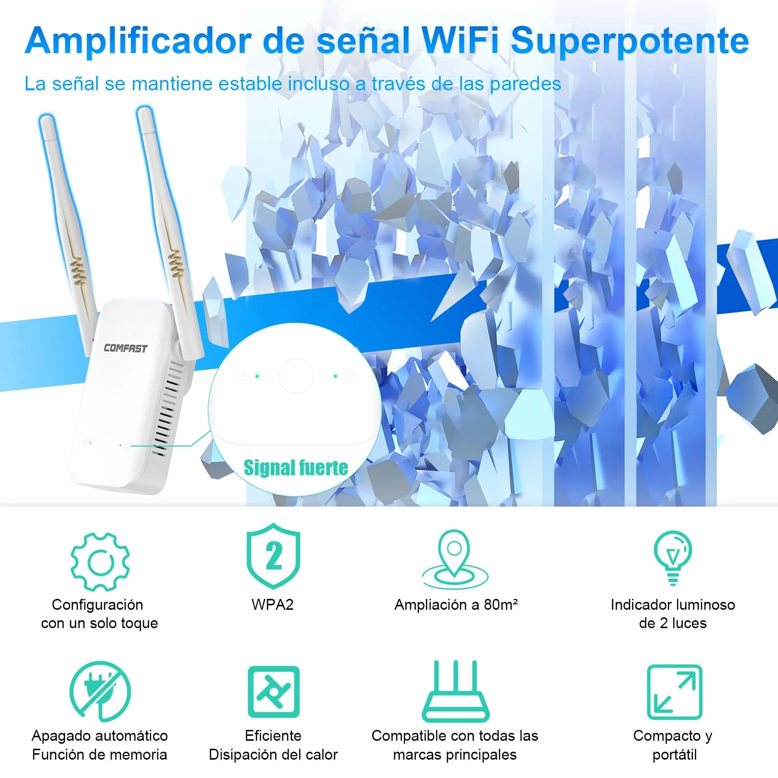 COMFAST Repetidor WiFi, N300Mbps Amplificador Señal WiFi para Casa y Oficina con 2 Antenas Externas, Extensor de Cobertura, Botón WPS, Indicador de Señal, Compatible con los Routers