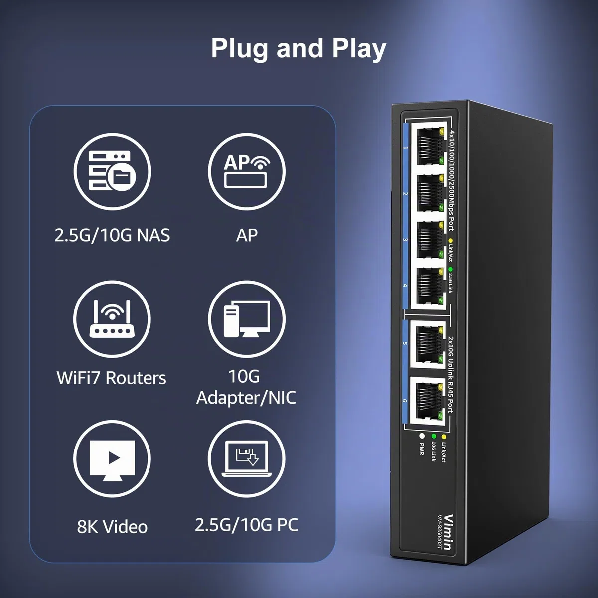 Conmutador Ethernet de 6 Puertos 10G/2.5G con Doble 10GBASE-T, Vimin 4X 2.5G + 2 Puertos RJ45 de 10 GB, Capacidad de 60 Gbps, Interruptor de Red multiGigabit de Escritorio/Montaje en Pared para NAS