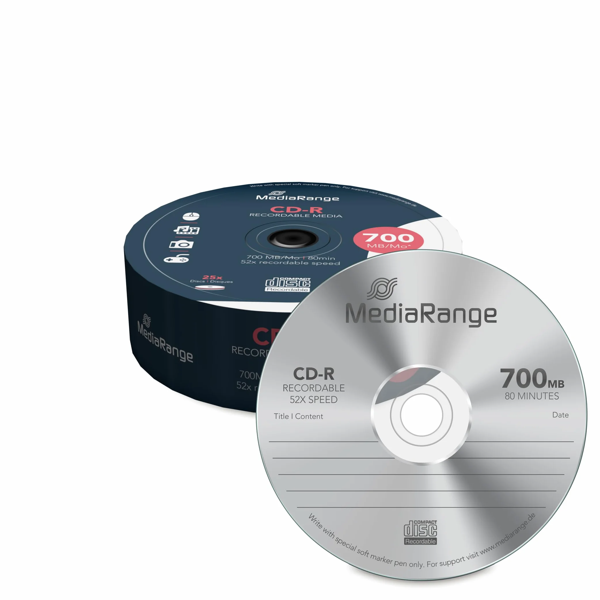 MediaRange MR201 CD-R 700MB 25pieza(s) CD en Blanco - CD-RW vírgenes (CD-R, 700 MB, 25 Pieza(s), 80 mm, 80 min, Plata)