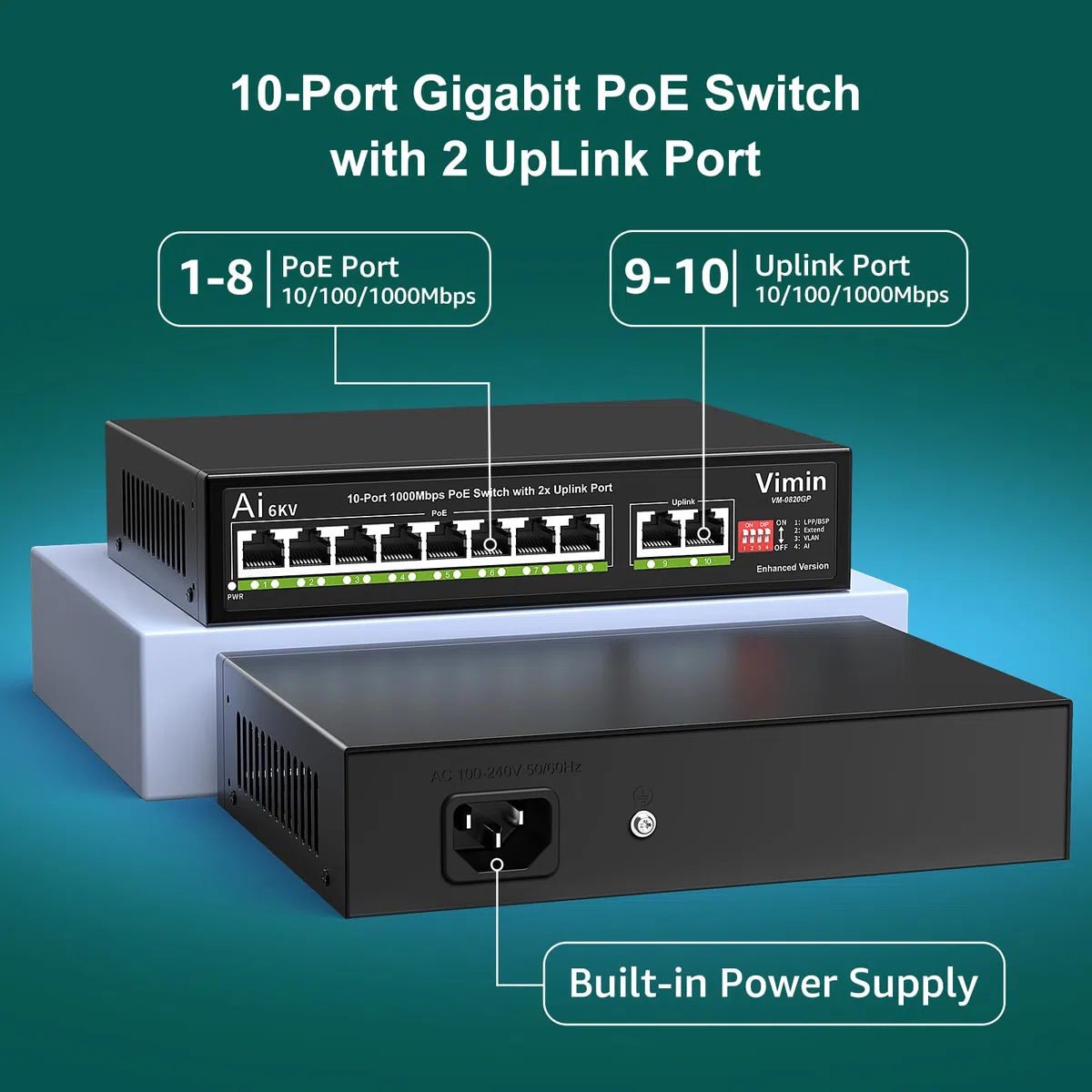 Switch Gigabit PoE de 10 Puertos con 8 Puertos PoE, VIMIN Switch de Red PoE de 8 Puertos no Gestionado 10/100/1000Mbps con 2 Puertos Uplink, AI Watchdog, VLAN, Extender 250m, Soporte IEEE802.3af/at