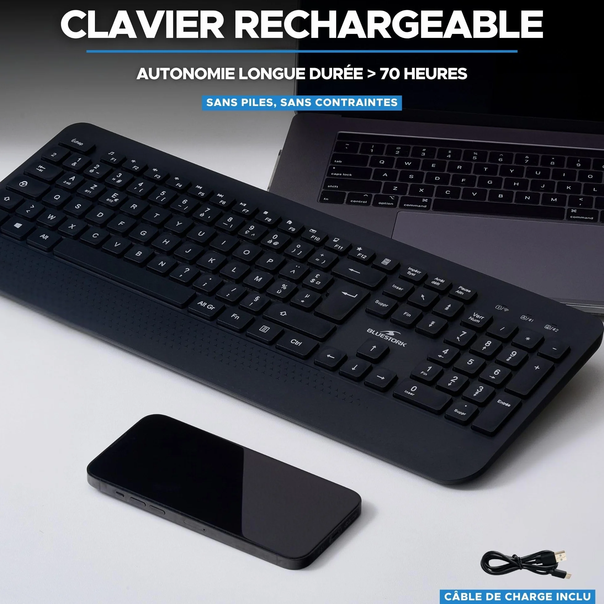 Bluestork KB Office R2 - Teclado inalámbrico, Dos Conexiones BT / 2,4 GHz, Teclado Bluetooth PC, Recargable USB-C, 70 h autonomía, silenciador - Windows/Tablets/Móviles - Disposición AZERTY Francesa