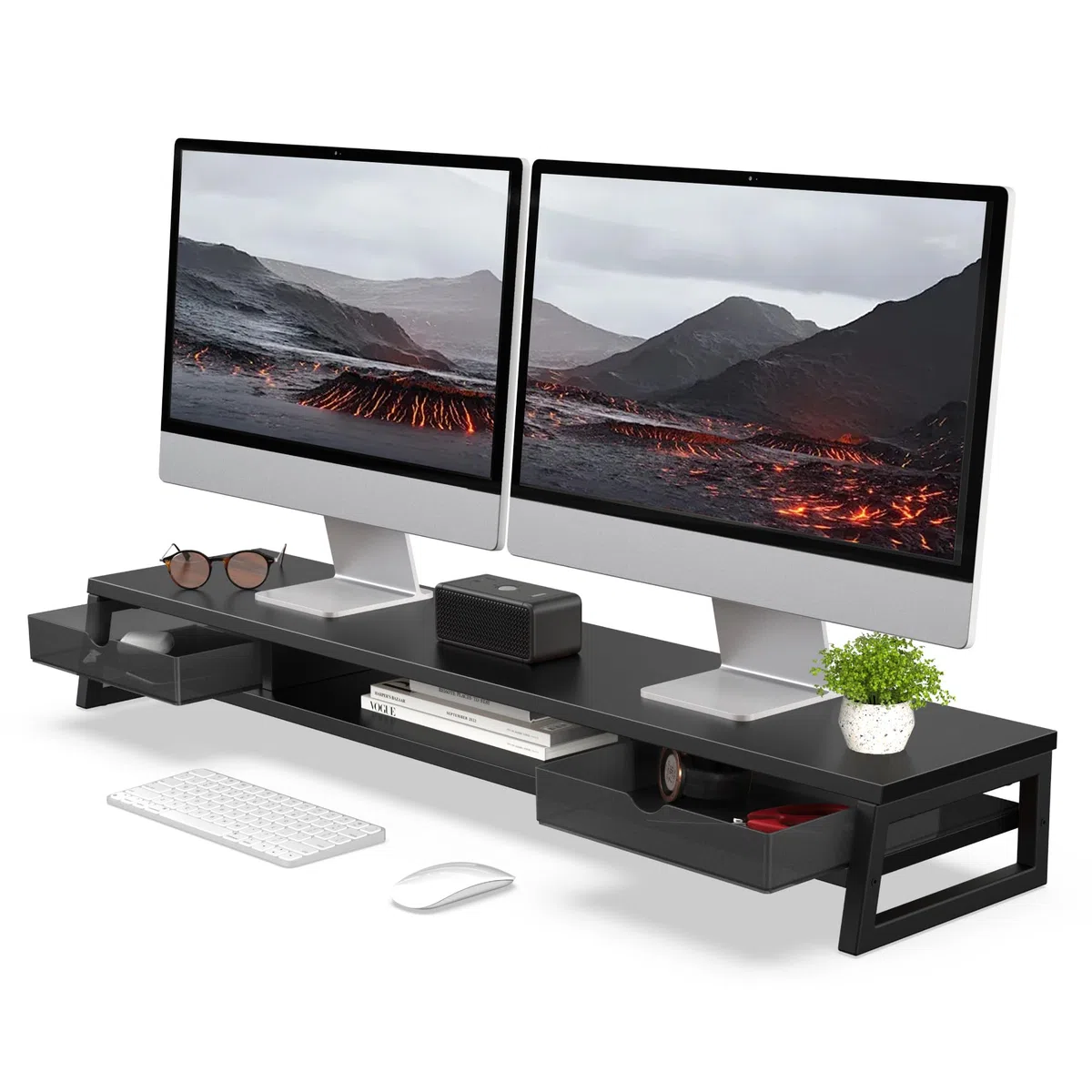 Fenge Dual Monitor Stander Riser Con 2 Cajones de Acrílico, 2 Pisos 108cm Pantalla de Ordenador para PC/Portátil/Fax/Impresora/Pantalla de TV, Capacidad de carga 45KG (Negro)