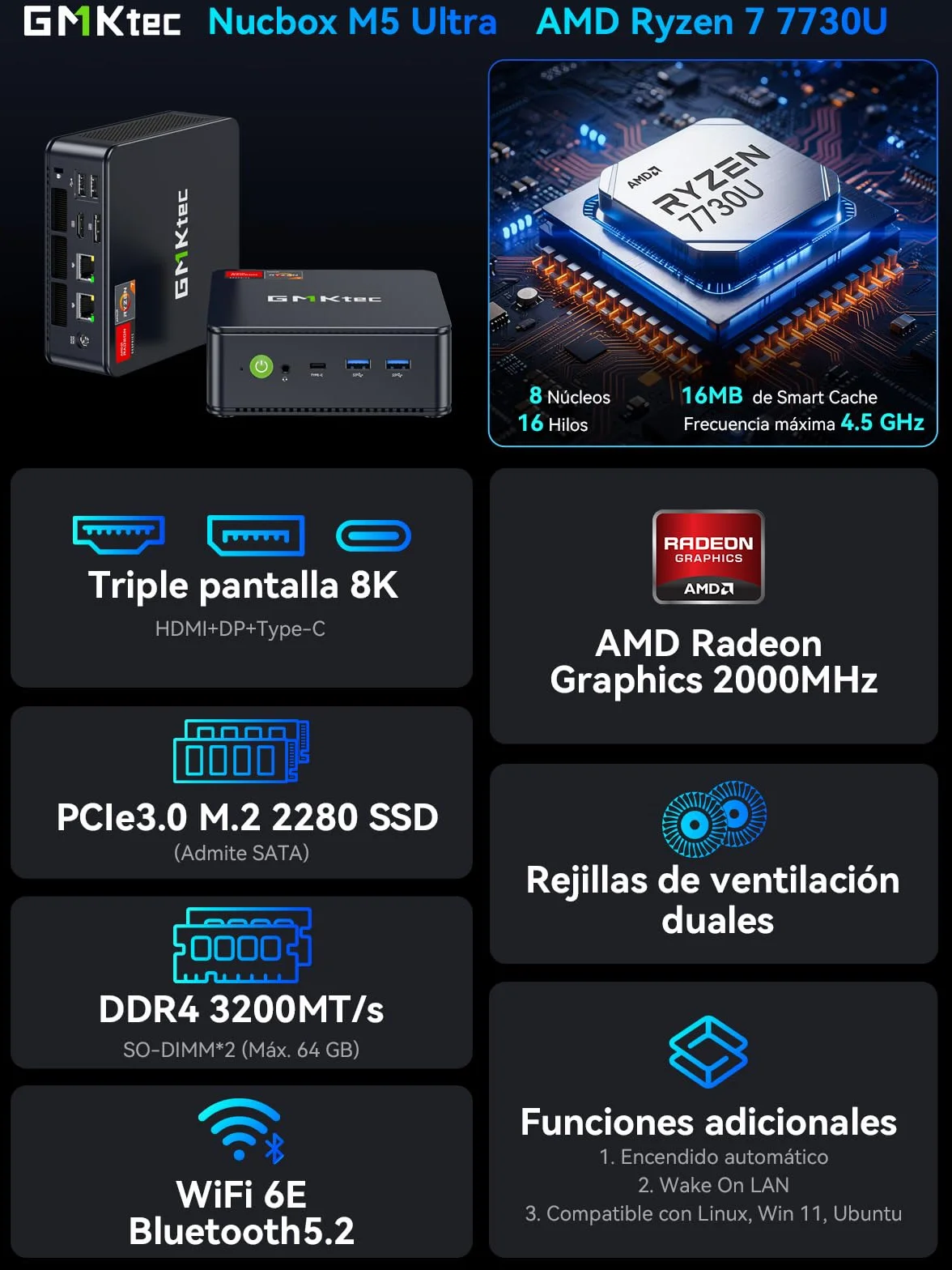 GMKtec Mini PC Ryzen 7 7730U(Superior al Ryzen 7 5825U) (8 núcleos / 16 hilos,hasta 4,5 GHz), 16GB RAM+512GB SSD PCIe, M5 Ultra Mini Ordenador, Triple Display 4K, WiFi 6E/USB 3.2/USB-C/LAN Dual 2.5GbE