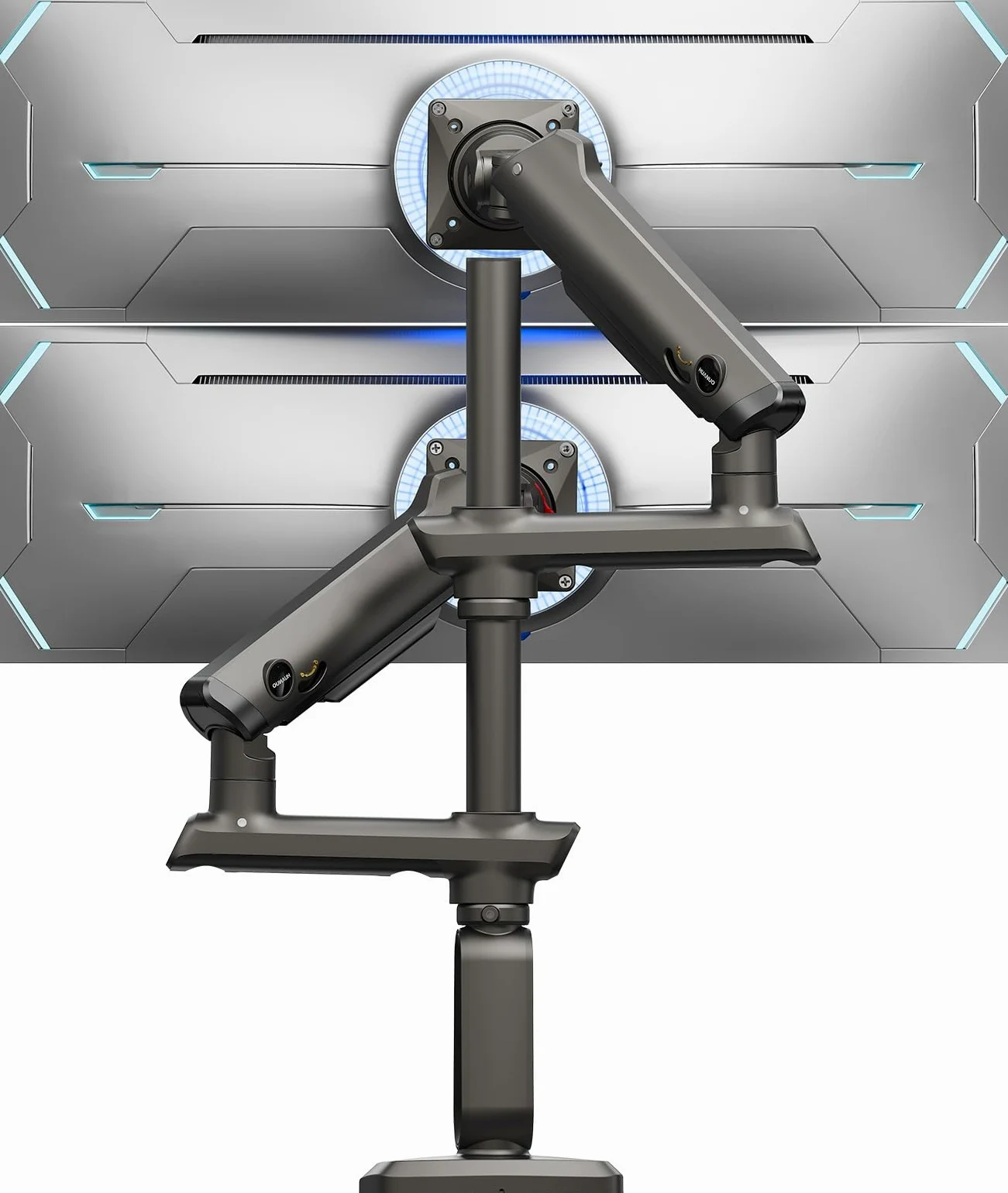 HUANUO Soporte para Dos Monitores para Pantal Ultraanch 13-49”, hasta 18kg, Brazo Monitor Doble Aluminio Resist y Extra Alto, Soporte Monitor Doble Apilado Vert y Total Ajustable, VESA Máx 100x100mm
