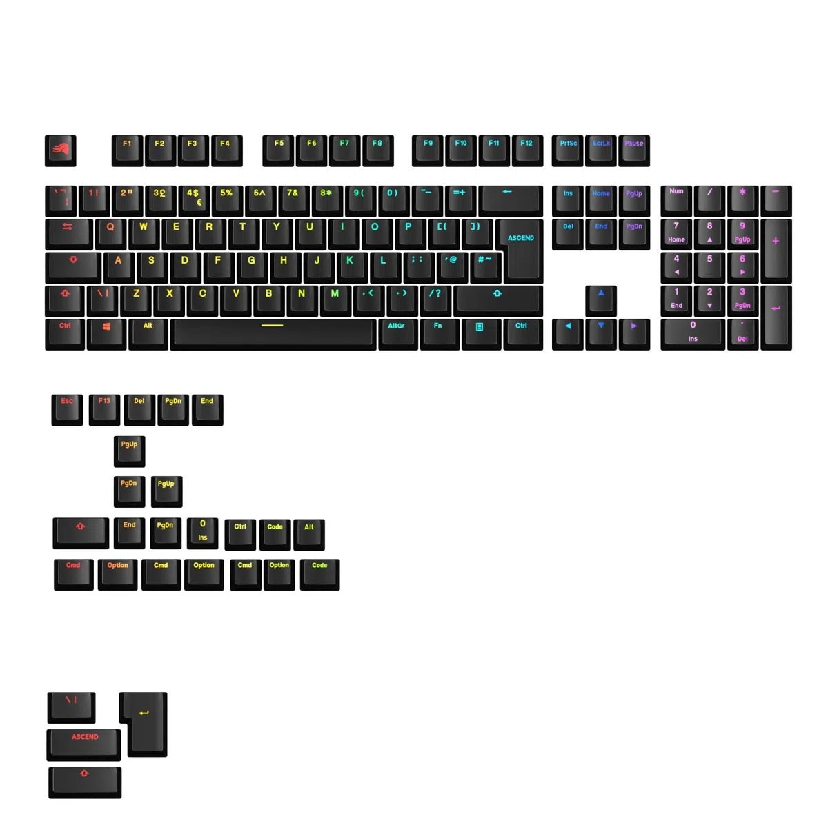 Glorious Gaming - Teclas GPBT retroiluminadas: Leyendas translúcidas en Negro, Permiten el Paso de la luz, para teclados mecánicos de formatos 100%, 75%, 65% y 60%, distribución QWERTY inglés