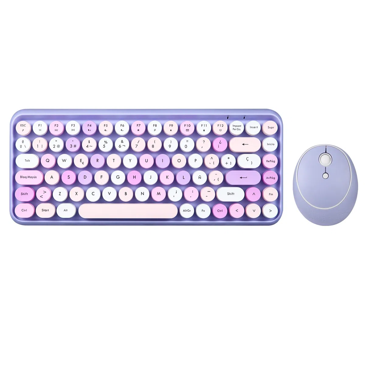 Perixx PERIDUO-713PP ES Set de ratón y Mini Teclado inalámbrico 2.4 GHz, Teclas Redondas Estilo Retro, para PC y Tablet, Morado Pastel, Español QWERTY