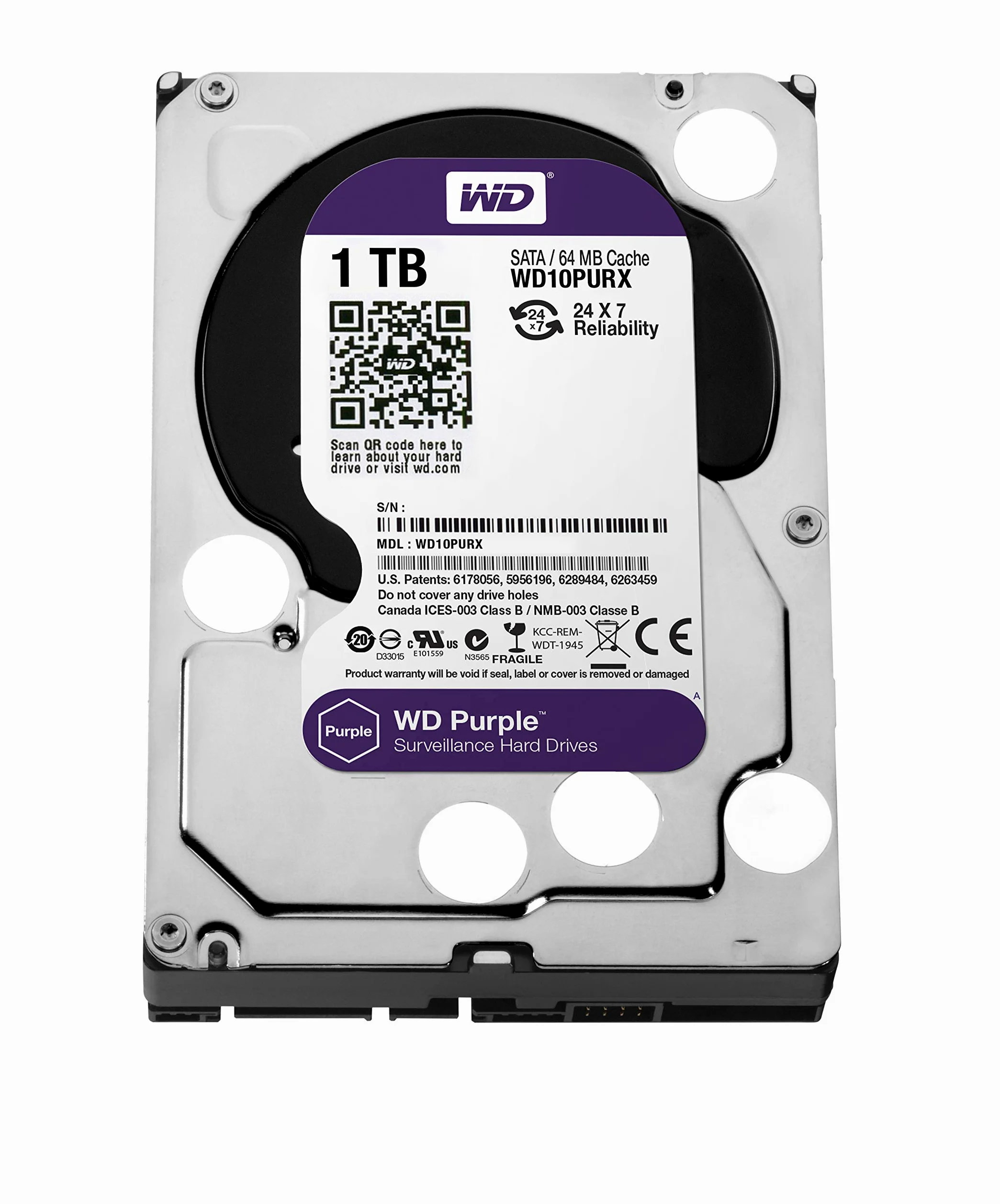 WD Purple - Disco duro para videovigilancia de 1 TB (Intellipower, SATA a 6 Gb/s, 64 MB de caché, 3,5")