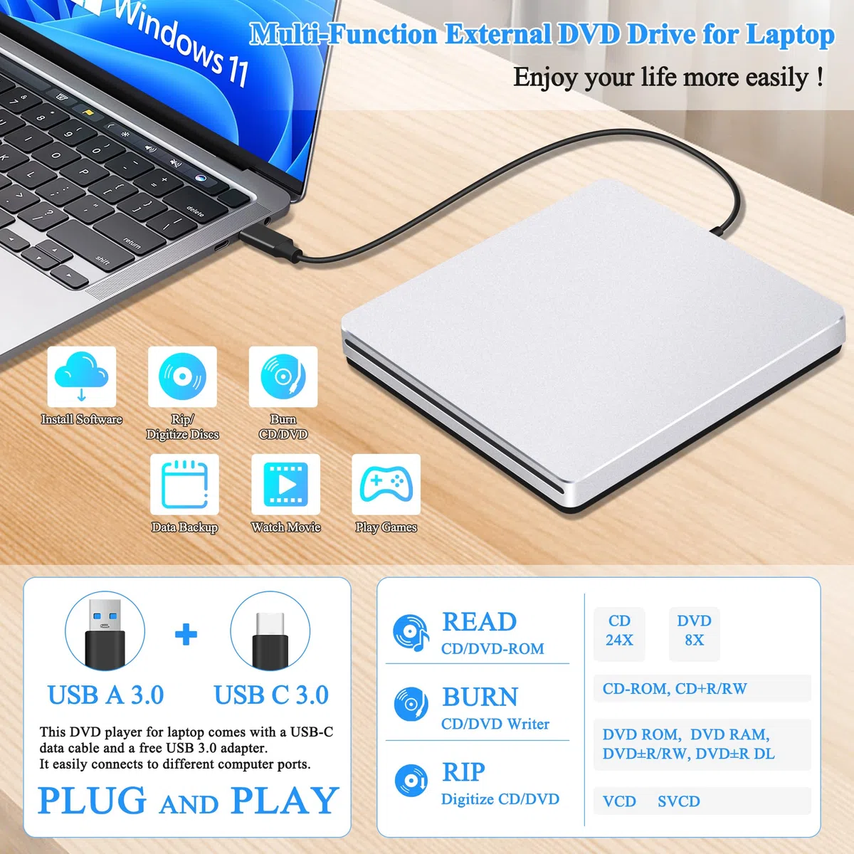 Unidad externa de CD y DVD para laptop: lector portátil USB C de CD/DVD para Mac PC Windows 11 con adaptador USB 3.0 de aleación de aluminio, ranura SuperDrive para Apple