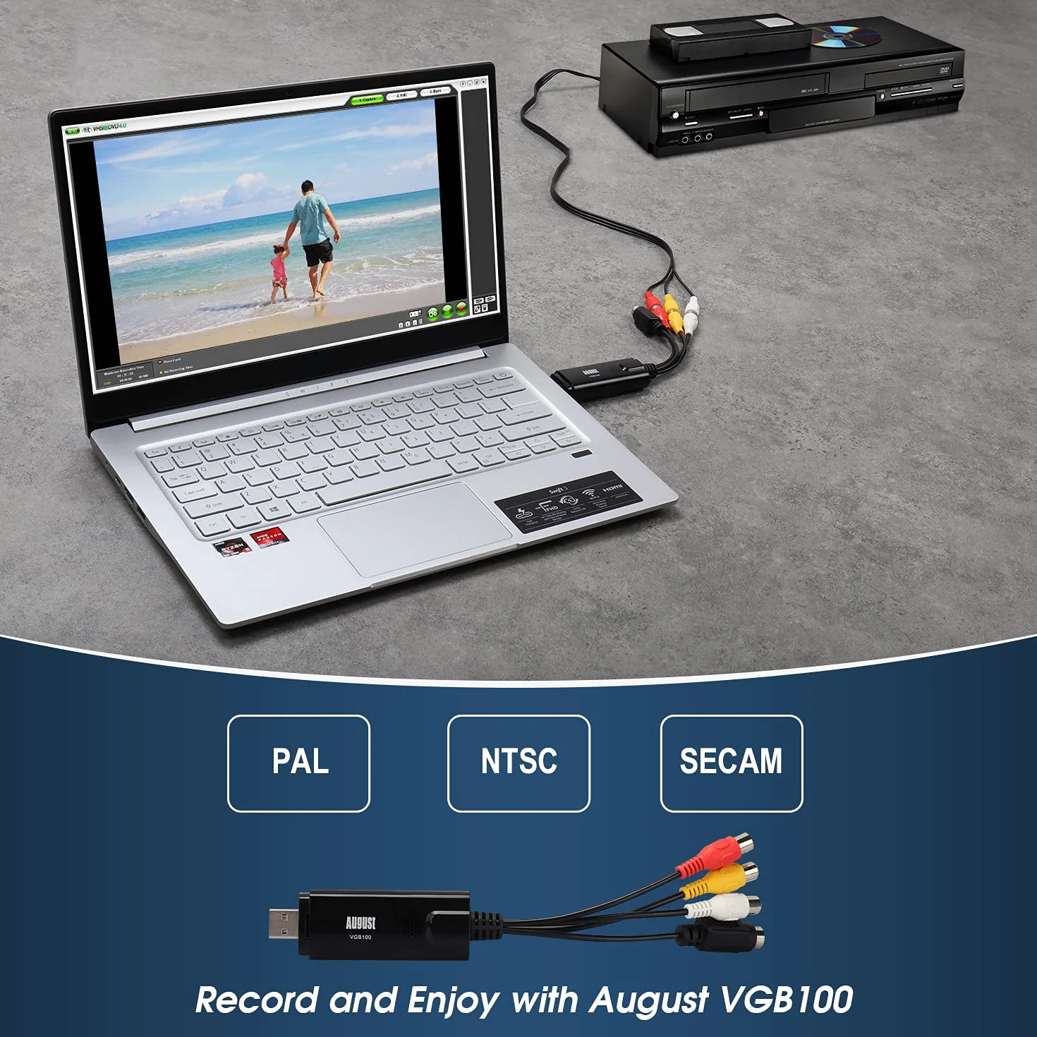 August VGB100 Capturadora de Video y Audio USB 2.0, Transferencia VHS a DVD Digital Convertidor VCR Grabber Grabadora Digitalizadora para Windows 11,10, 8, 7, Vista, XP