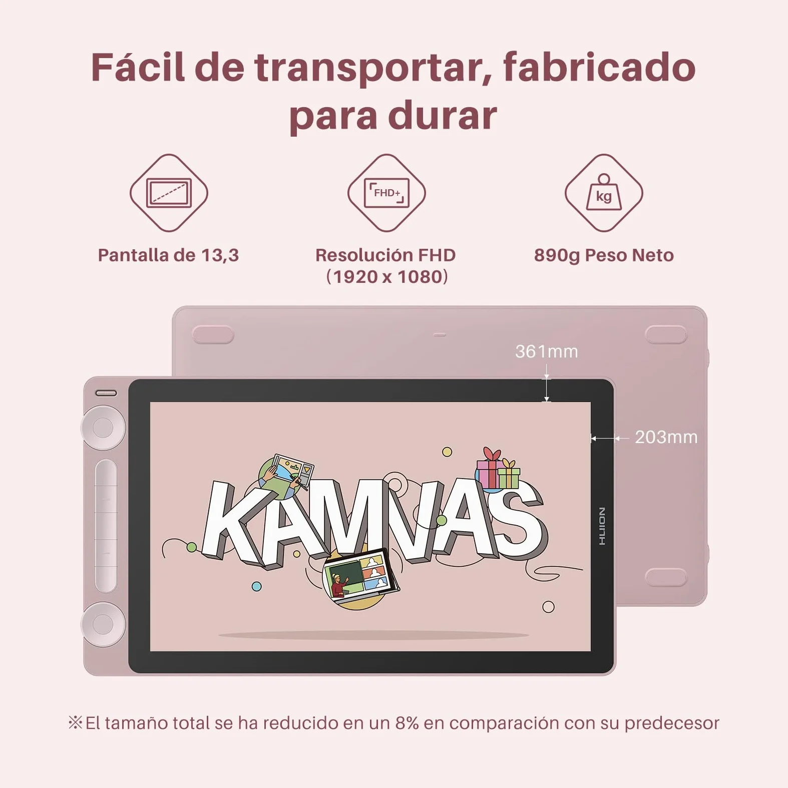 HUION Kamvas 13 Gen3 2024 Tableta Gráfica con Pantalla, Tableta de Dibujo Canvas Glass de 13,3", 99% sRGB, Nuevo Pentech 4.0, 16384 Presión del Lápiz, Diales Duales, Soporte Ajustable, Rosa