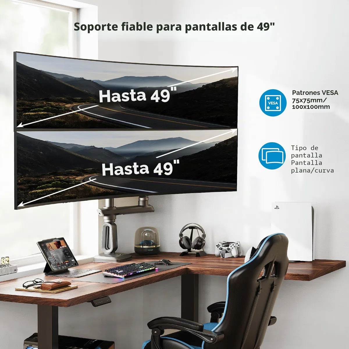 HUANUO Soporte para Dos Monitores para Pantal Ultraanch 13-49”, hasta 18kg, Brazo Monitor Doble Aluminio Resist y Extra Alto, Soporte Monitor Doble Apilado Vert y Total Ajustable, VESA Máx 100x100mm
