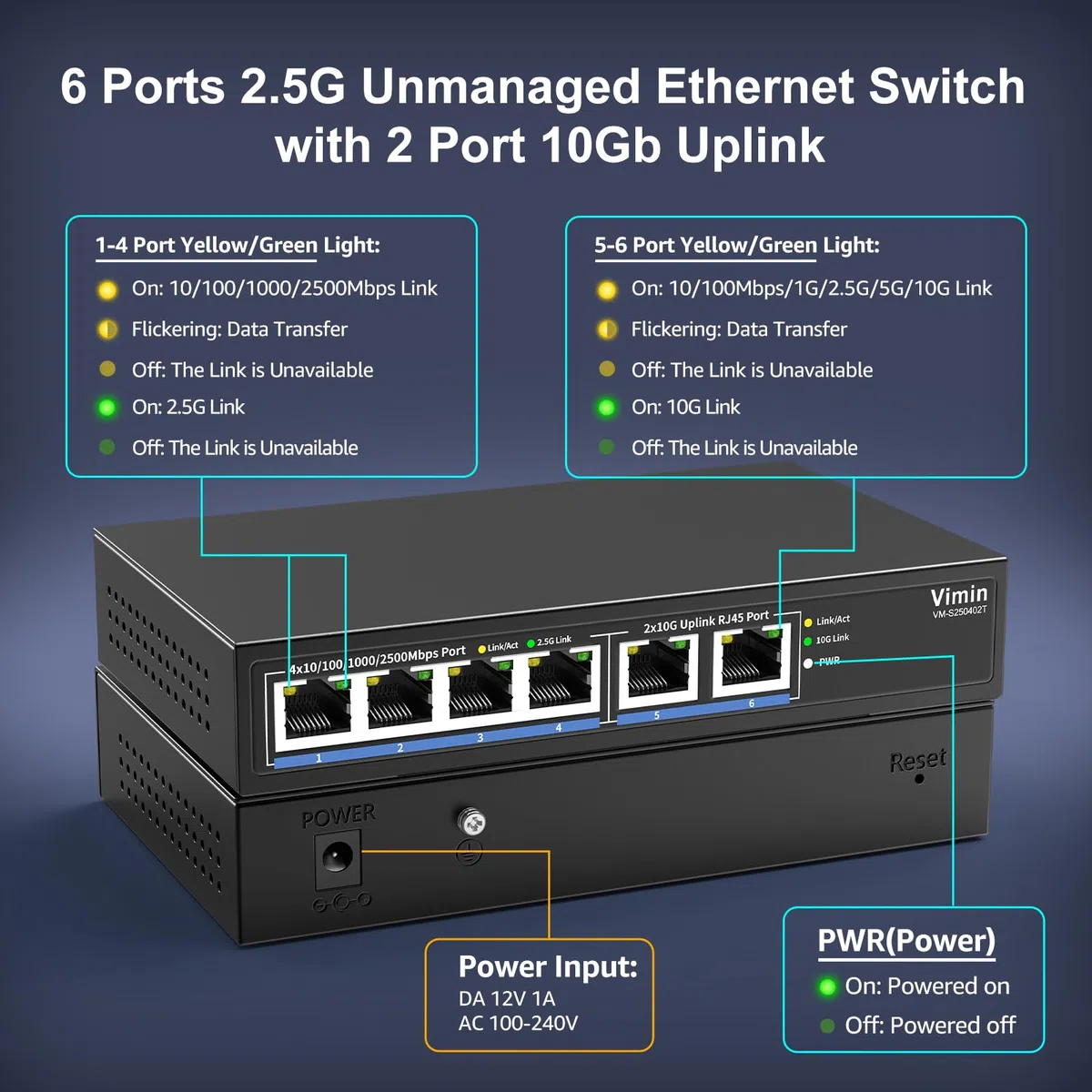 Conmutador Ethernet de 6 Puertos 10G/2.5G con Doble 10GBASE-T, Vimin 4X 2.5G + 2 Puertos RJ45 de 10 GB, Capacidad de 60 Gbps, Interruptor de Red multiGigabit de Escritorio/Montaje en Pared para NAS