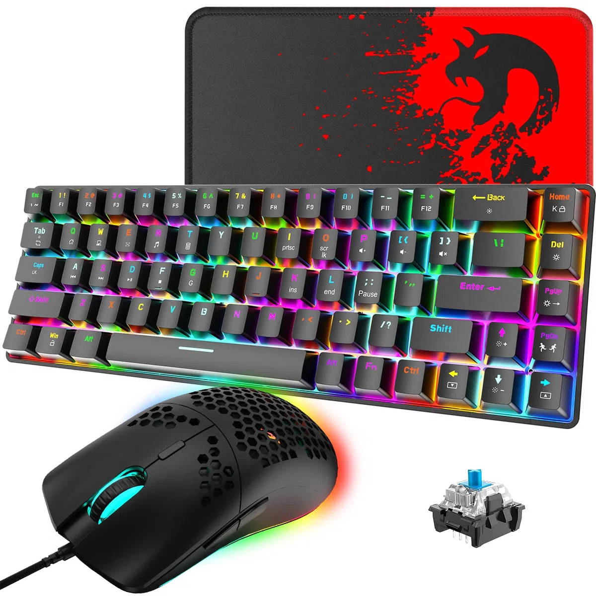 ZIYOU LANG RGB Teclado y Raton Gaming, 68 Teclas Blue Switch 60% Mini Teclado Mecánico QWERTY, 6400DPI Ajustable Panal Ligero Mouse, USB Cableado, Compatible con Windows Mac PS4 Xbox, Negro