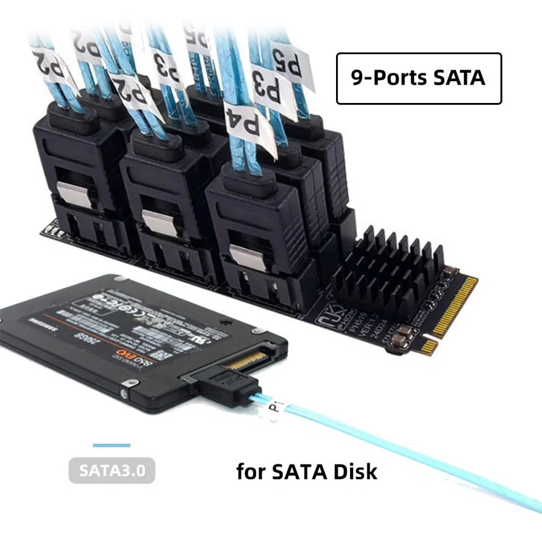 chenyang Adaptador de 9 puertos M.2 a SATA 3.0, PCIe 3.0 a SATA III, adaptador de tarjeta de expansión de 6 Gbps con indicador inteligente