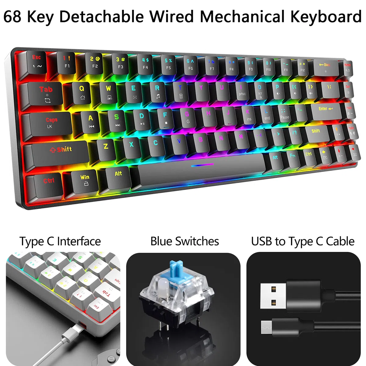 ZIYOU LANG RGB Teclado y Raton Gaming, 68 Teclas Blue Switch 60% Mini Teclado Mecánico QWERTY, 6400DPI Ajustable Panal Ligero Mouse, USB Cableado, Compatible con Windows Mac PS4 Xbox, Negro