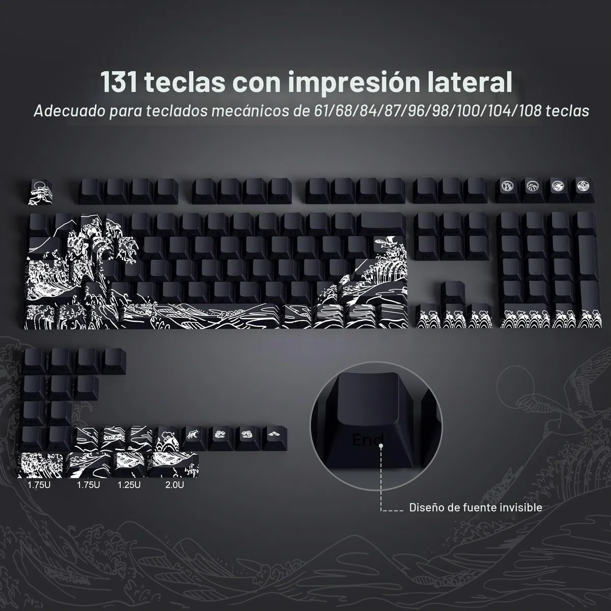 131 teclas PBT Keycaps Custom Keycap Cherry Profile Shine Through, Wave of Kanagawa Double Shot Keycaps Side Print, Dye Sub Keycap Set, Negro