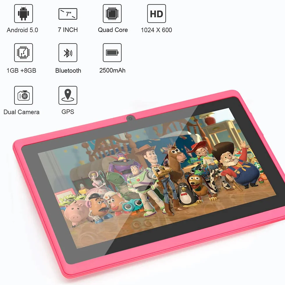 7" Tablet PC, Android 5.0 Quad Core, 1GB RAM 8GB ROM, Cámaras Duales, WiFi, Bluetooth, para Niños y Adultos, Negro