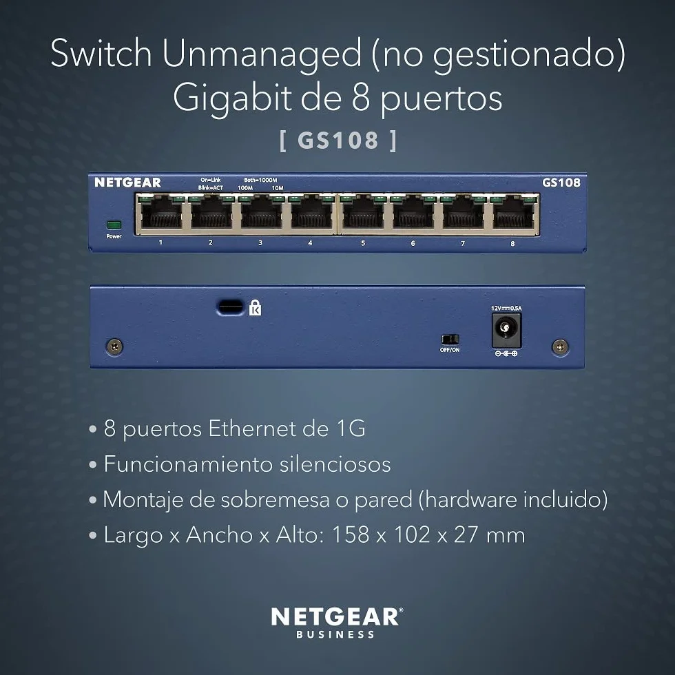 NETGEAR Switch Ethernet, Conmutador no gestionado, ProSAFE, Conmutador Gigabit - GS108GE - Sobremesa - 8 Puertos 10-100-1000 Mbps