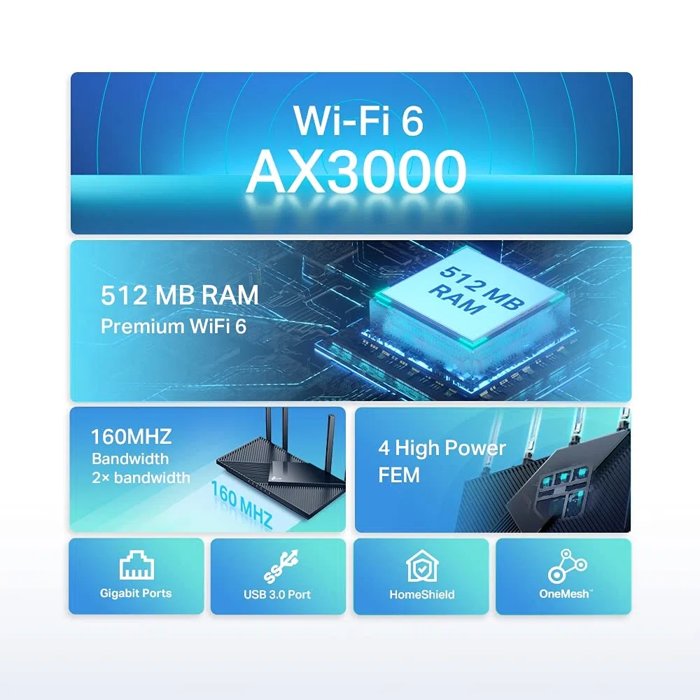 TP-Link Archer AX55 - Versión Antigua WiFi 6 Router AX3000, Soporta Mesh, Dual Band 5GHz/2GHz, 1x WAN / 4xLAN Gigabit, Puerto USB 3.0, Chasis Fino, Disipador de Calor, OFDMA, QoS, WPA3
