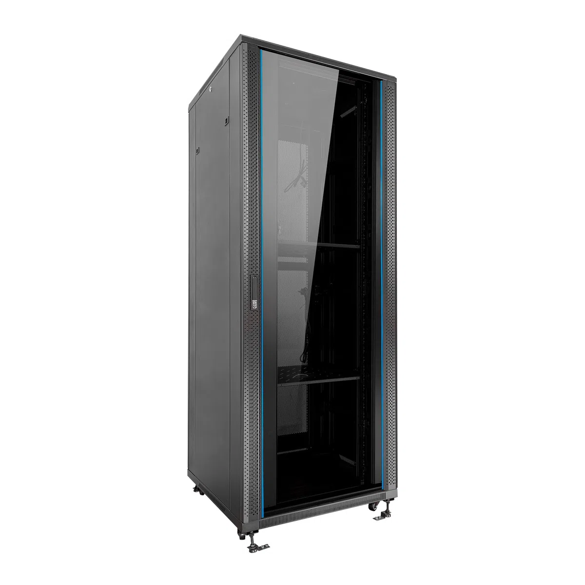 Aiten Data Armario Rack Suelo 19" 47U 600 x 600 x 2285 mm Montado con Accesorios: 2 Bandejas Fijas, 4 Ventiladores 120 mm, 1 PDU con 8 Puertos de 1U, Patas, Ruedas y Llaves