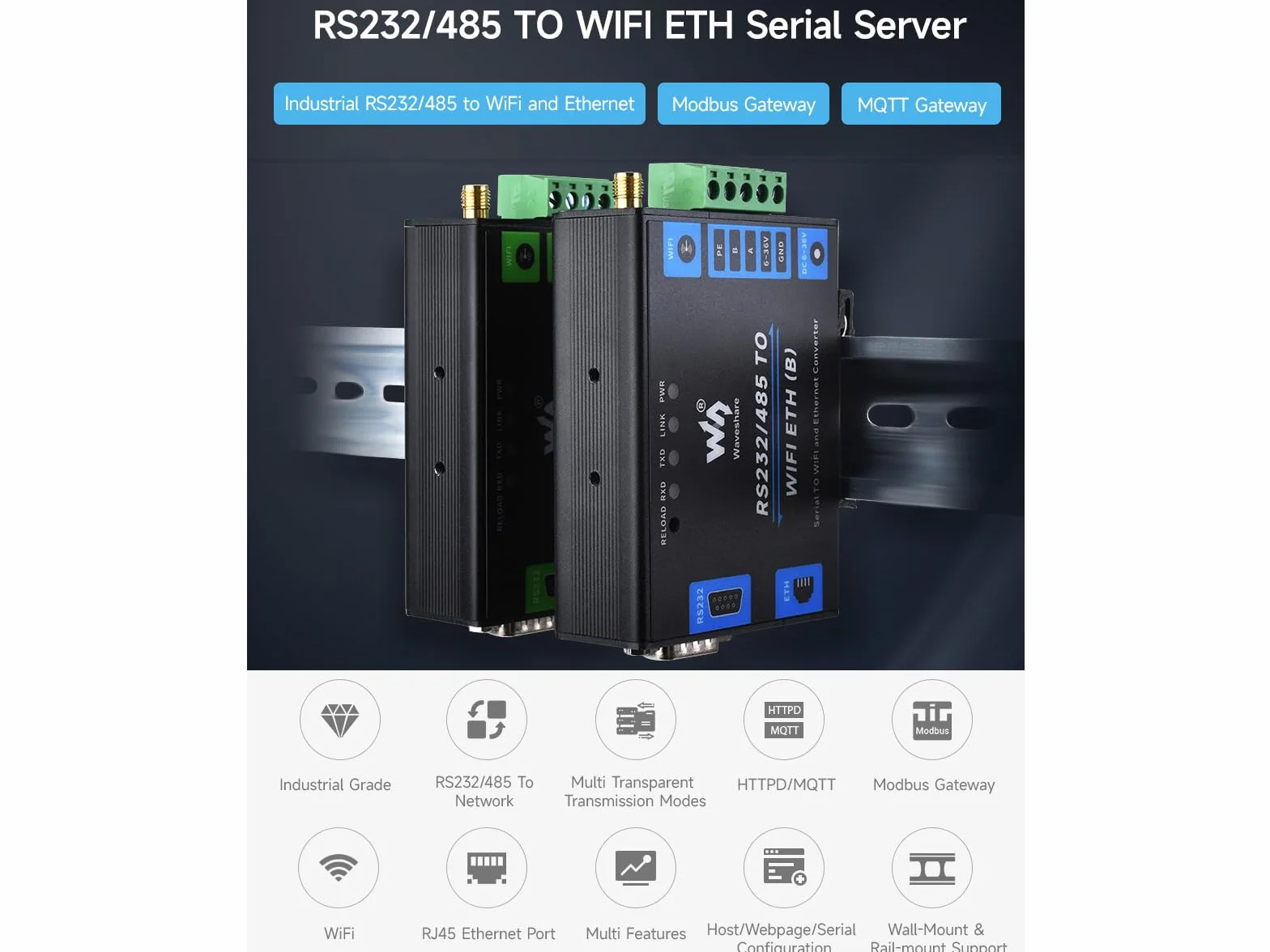 Waveshare RS232/485 to WiFi and Ethernet Converter, Industrial Grade Serial Server, Modbus Gateway, MQTT Gateway