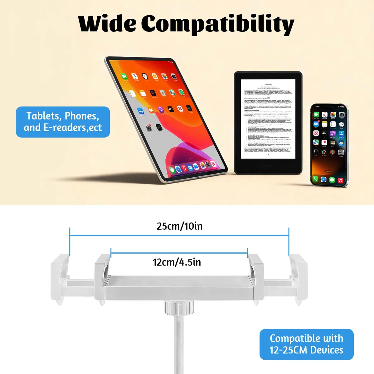 JAOGAUS Soporte para tablet, soporte ajustable para Kindle para leer | Con 3 cuencos para aperitivos, compatible con teléfonos de 4,7 a 13 pulgadas, tabletas y dispositivos Kindle (gris)