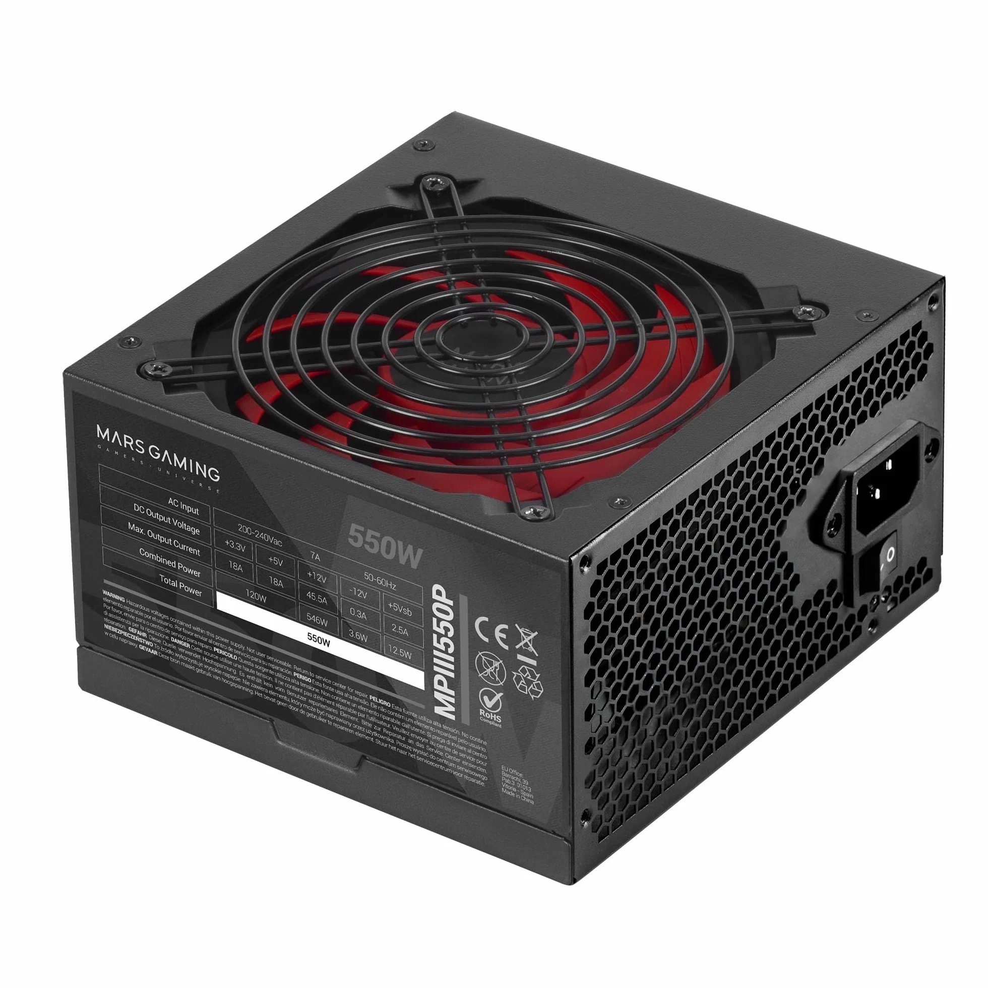 Mars Gaming MPIII550P, Fuente Alimentación ATX 550W, 5 Años Garantía, APFC, Ventilador FDB 120mm AI-RPM, Tecnologías DC-DC y SMD, Condensadores Japoneses 105º, Cables Premium Texturizados, Negro