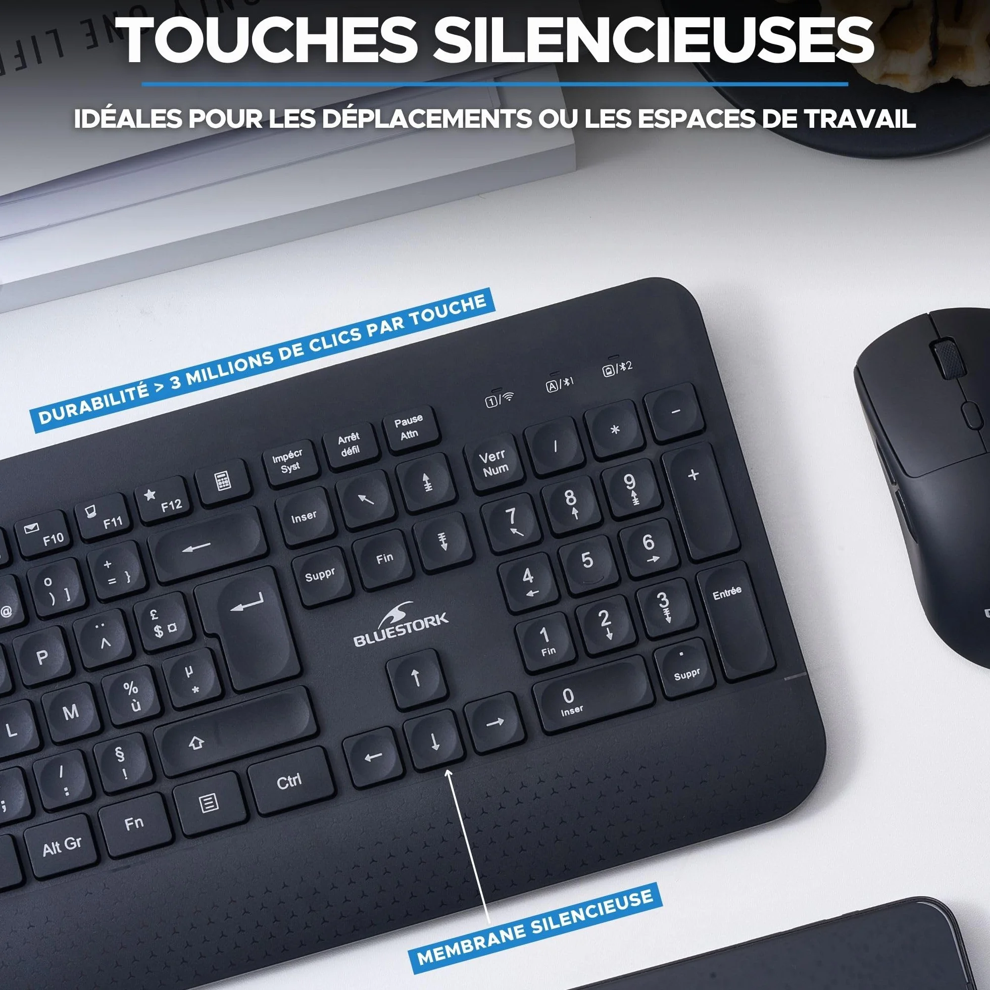 Bluestork KB Office R2 - Teclado inalámbrico, Dos Conexiones BT / 2,4 GHz, Teclado Bluetooth PC, Recargable USB-C, 70 h autonomía, silenciador - Windows/Tablets/Móviles - Disposición AZERTY Francesa