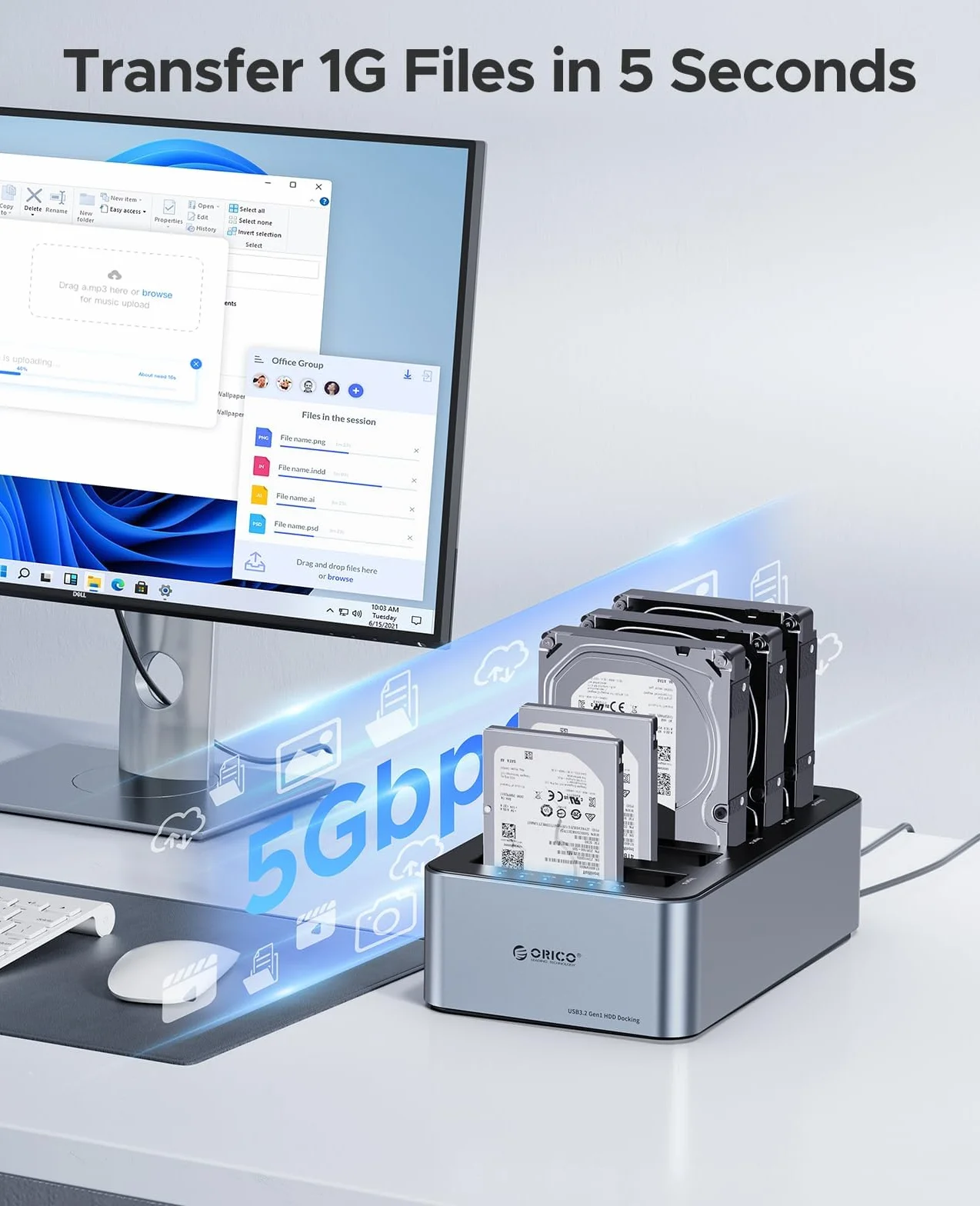 ORICO Clon 6656C3-C - Estación de acoplamiento USB 3.2 Gen 1 para discos duros (5 bahías, 2,5/3,5 pulgadas, SSD/HDD hasta 20 TB, clonación fuera de línea, fuente de 12V)