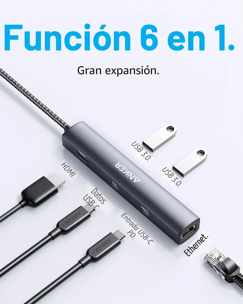 Anker PowerExpand Hub USB C 6 en 1, Concentrador Ethernet PD, 65 PD, HDMI 4K, Ethernet de 1 Gbps, Datos USB-C, 2 Puertos de Datos USB 3.0, Compatible con MacBook Pro, MacBook Air