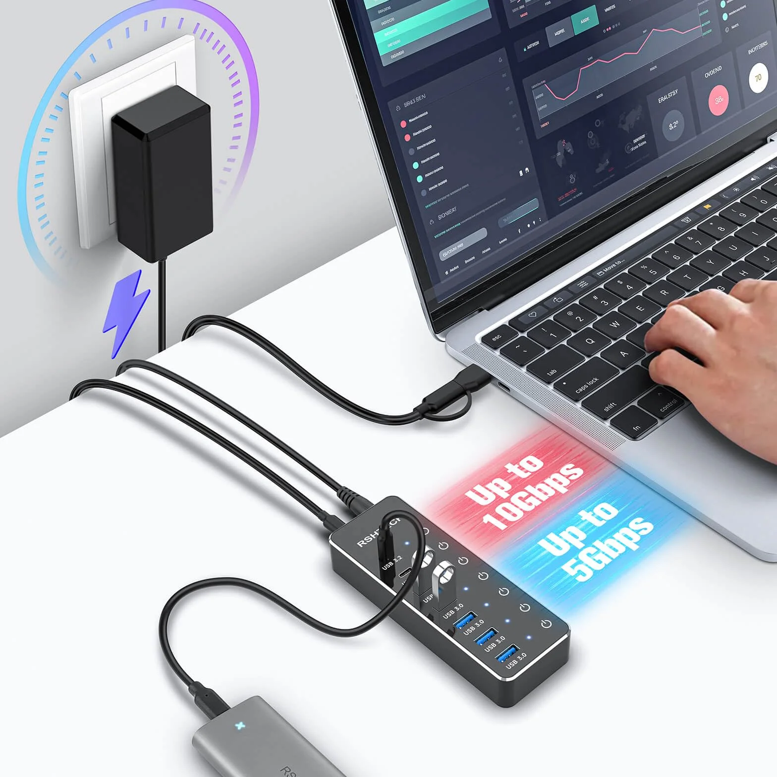 Hub USB Alimentado, RSHTECH Hub USB 3.2/USB C de 7 Puertos con 3 * 10Gbps Puertos Datos (USB-A, 2*USB-C), 4 * 5Gbps Puertos USB 3.0, Interruptor Táctil, Cable Datos 2 en 1(100cm), 5V/3A, RSH-ST07C