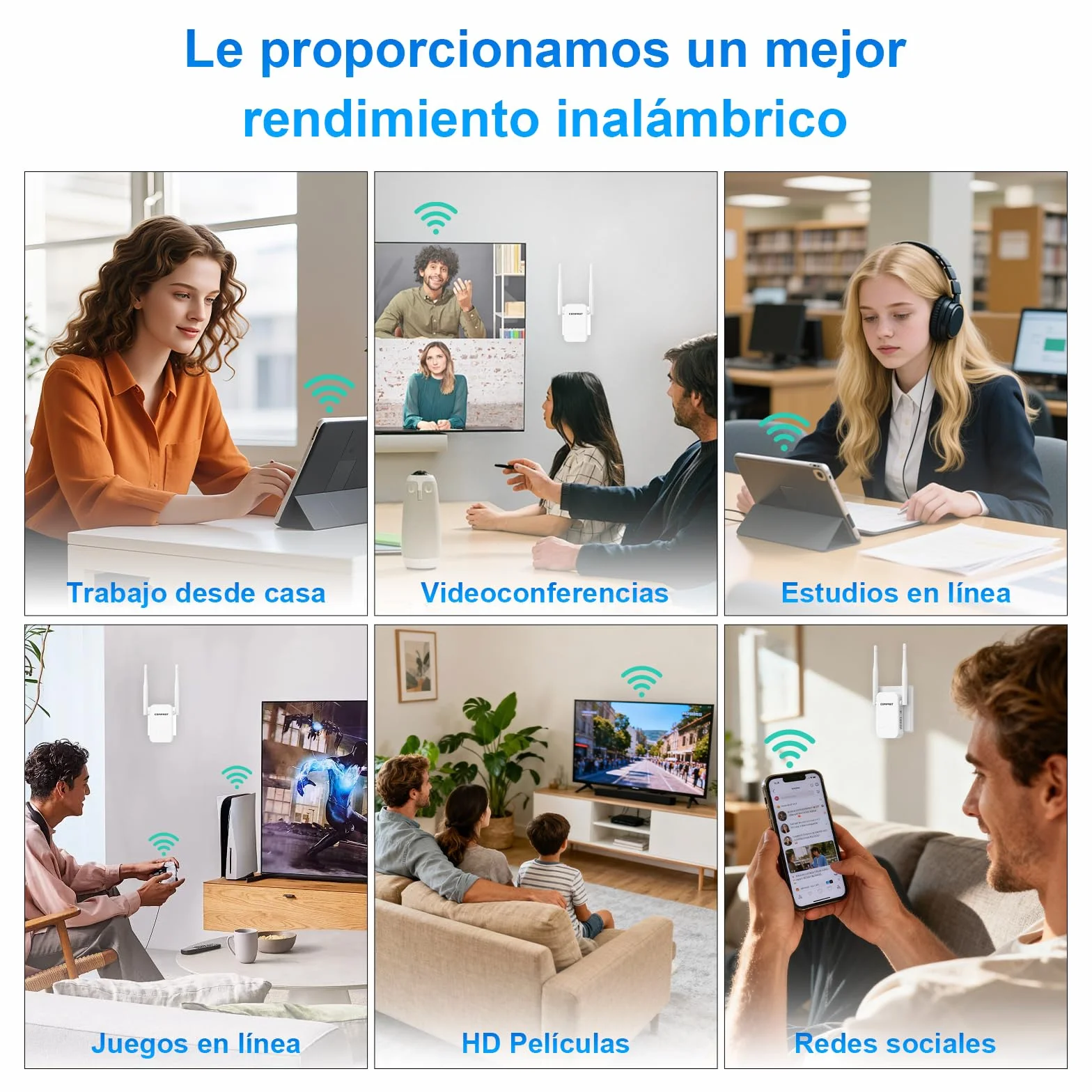 COMFAST Repetidor WiFi, N300Mbps Amplificador Señal WiFi para Casa y Oficina con 2 Antenas Externas, Extensor de Cobertura, Botón WPS, Indicador de Señal, Compatible con los Routers