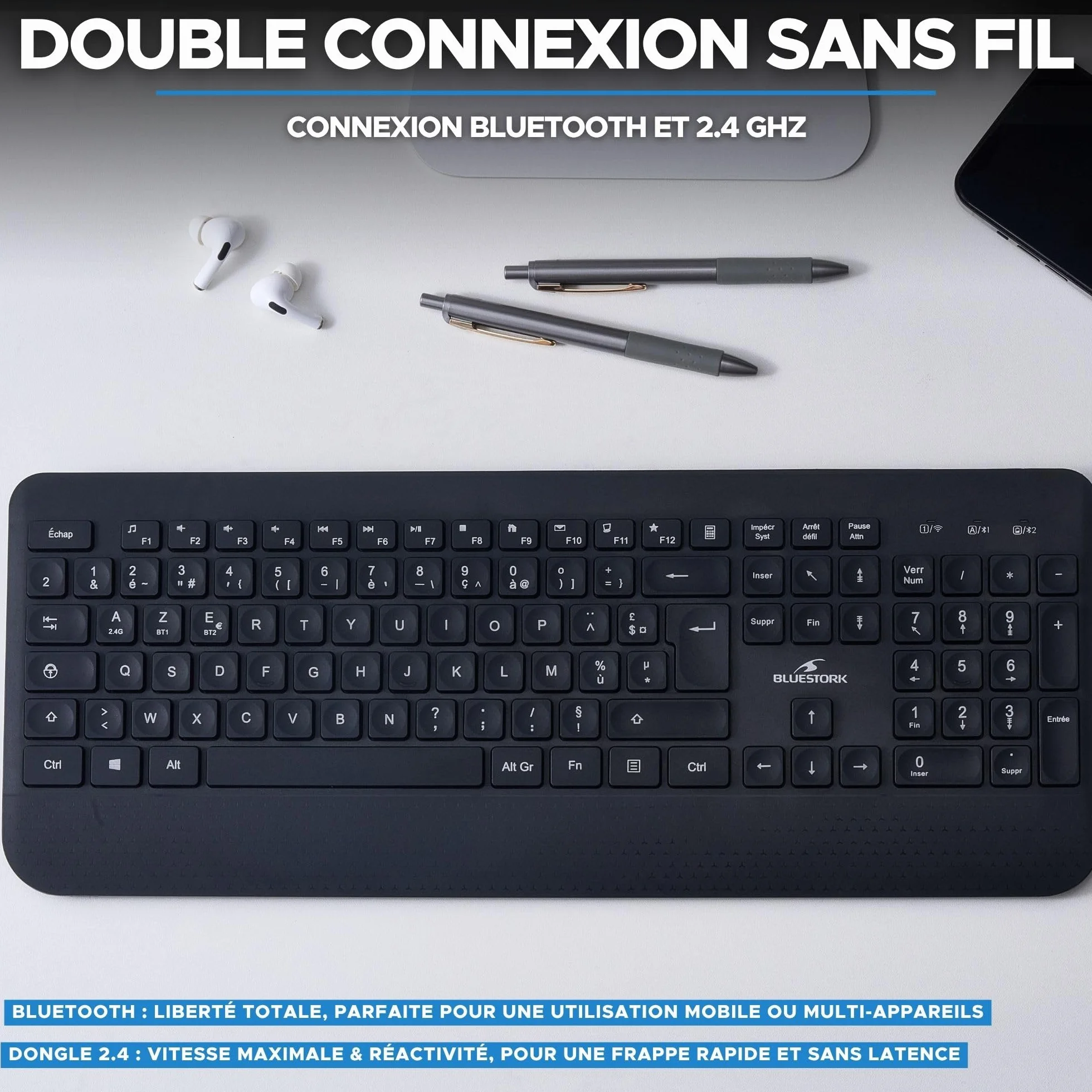 Bluestork KB Office R2 - Teclado inalámbrico, Dos Conexiones BT / 2,4 GHz, Teclado Bluetooth PC, Recargable USB-C, 70 h autonomía, silenciador - Windows/Tablets/Móviles - Disposición AZERTY Francesa