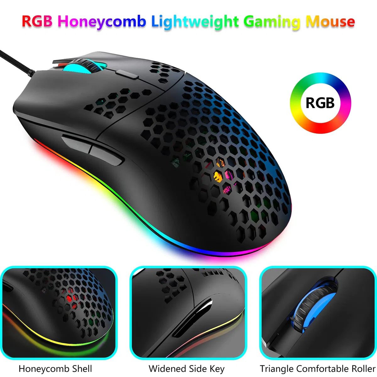 ZIYOU LANG RGB Teclado y Raton Gaming, 68 Teclas Blue Switch 60% Mini Teclado Mecánico QWERTY, 6400DPI Ajustable Panal Ligero Mouse, USB Cableado, Compatible con Windows Mac PS4 Xbox, Negro